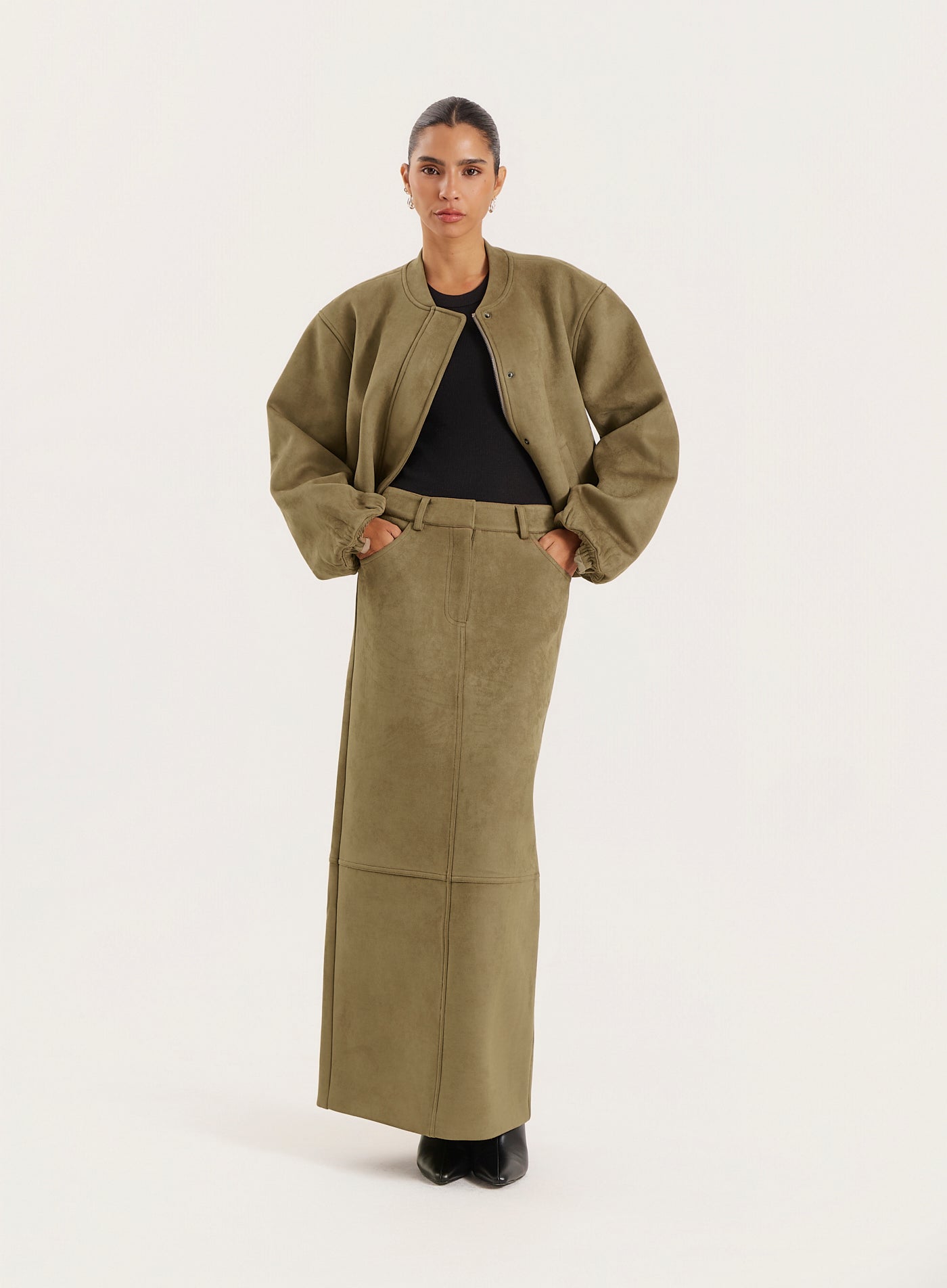 Olive Faux Suede Maxi Skirt