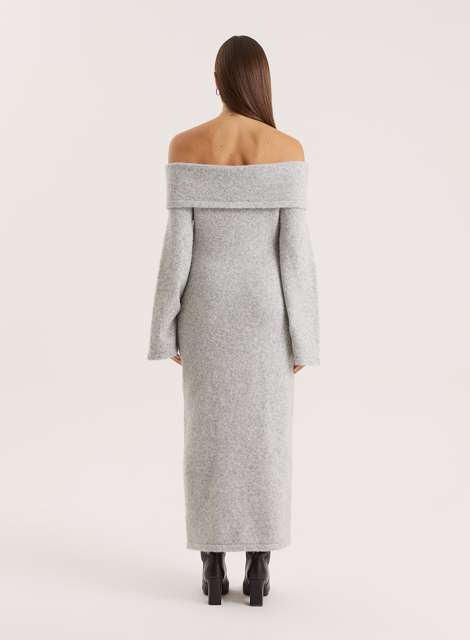Grey Off Shoulder Wool Blend Knitted Maxi Dress