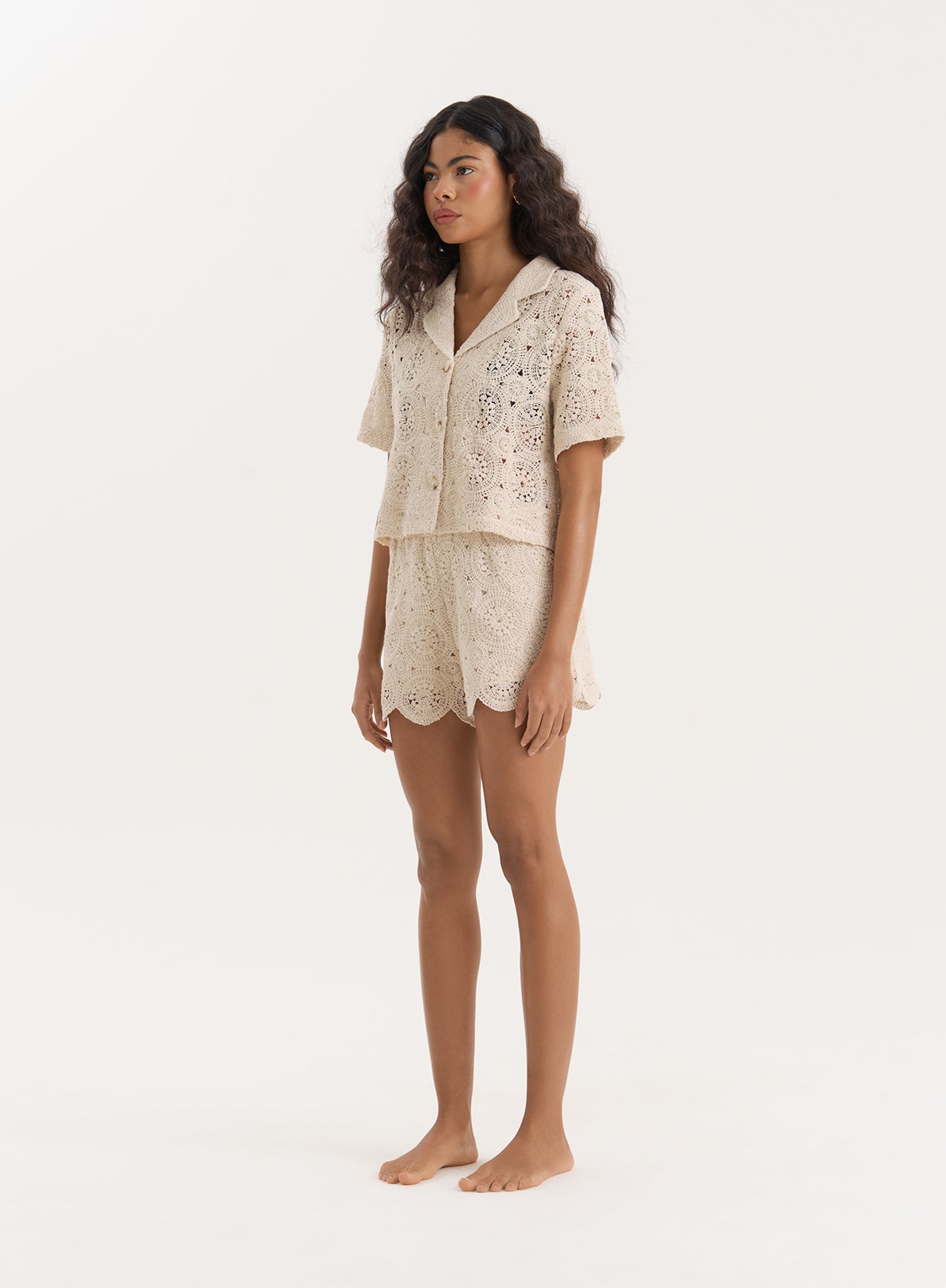 Beige Crochet Short Sleeve Shirt- Sabrina