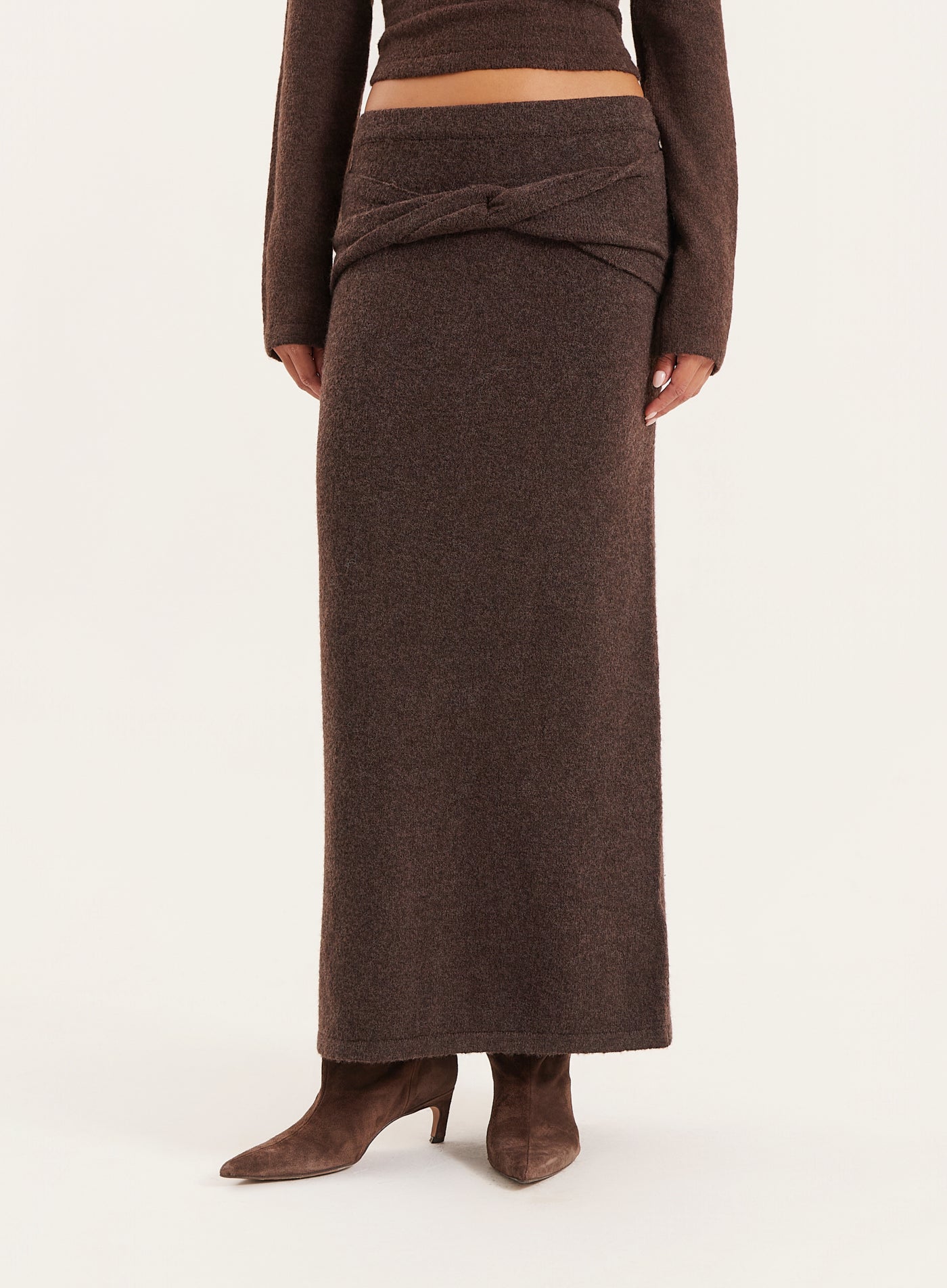 Chocolate Ruched Waist Knitted Maxi Skirt
