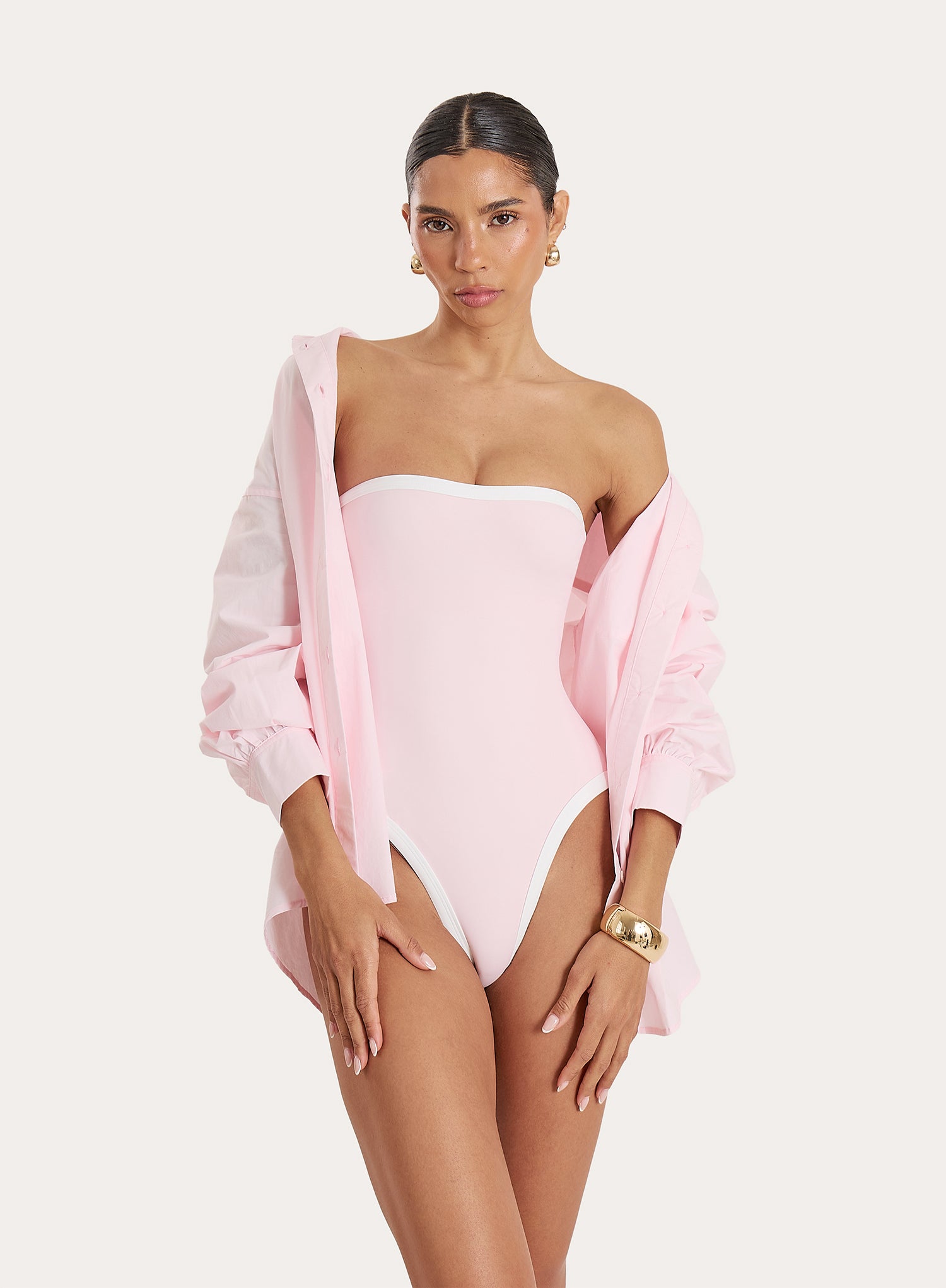 Pink Contrast Trim Bandeau Swimsuit