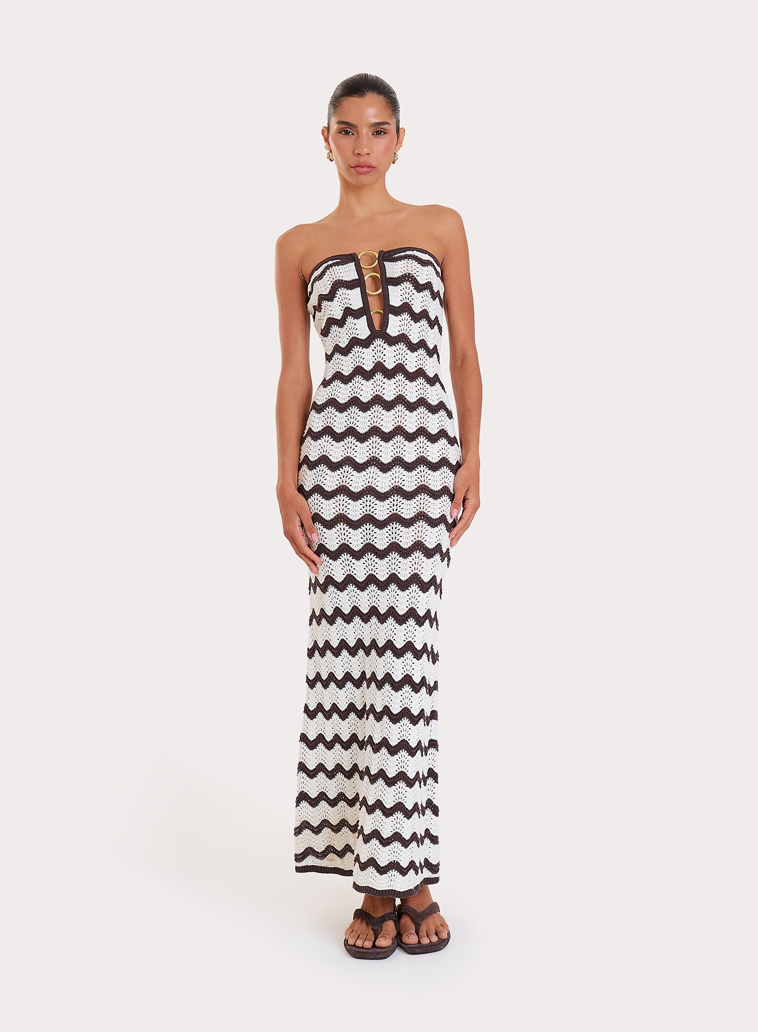 Chocolate And Cream Chevron Print Knitted Bandeau Maxi Dress