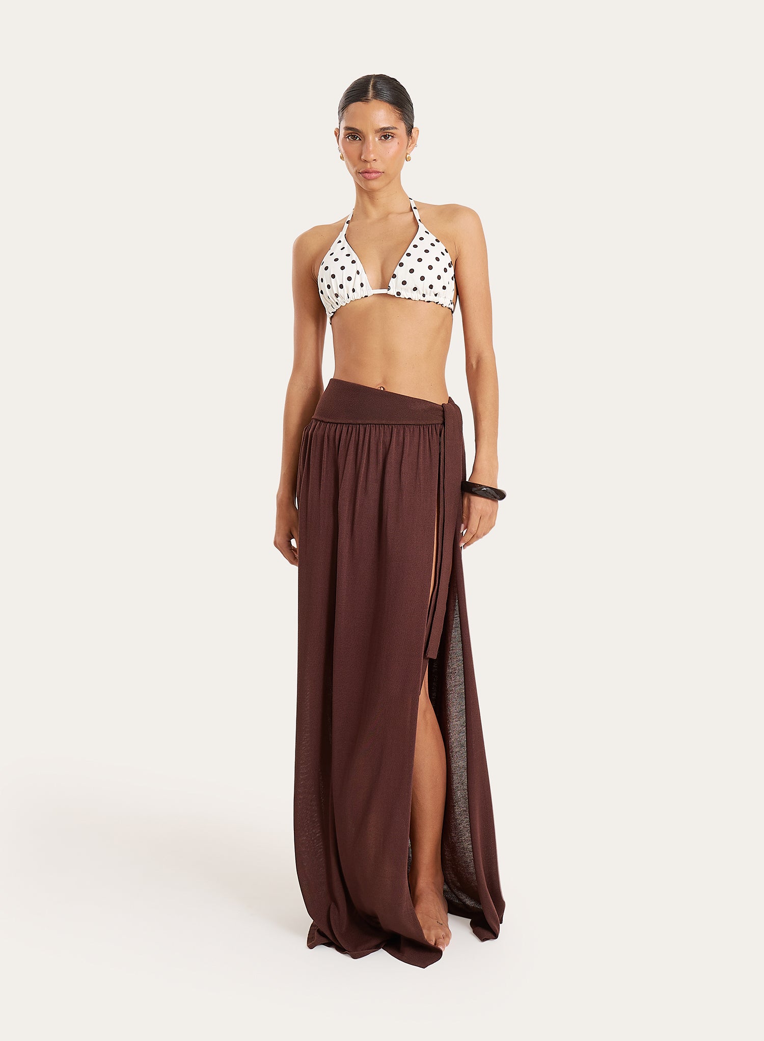 Brown Belt Detail Semi Sheer Thigh Split Maxi Skirt