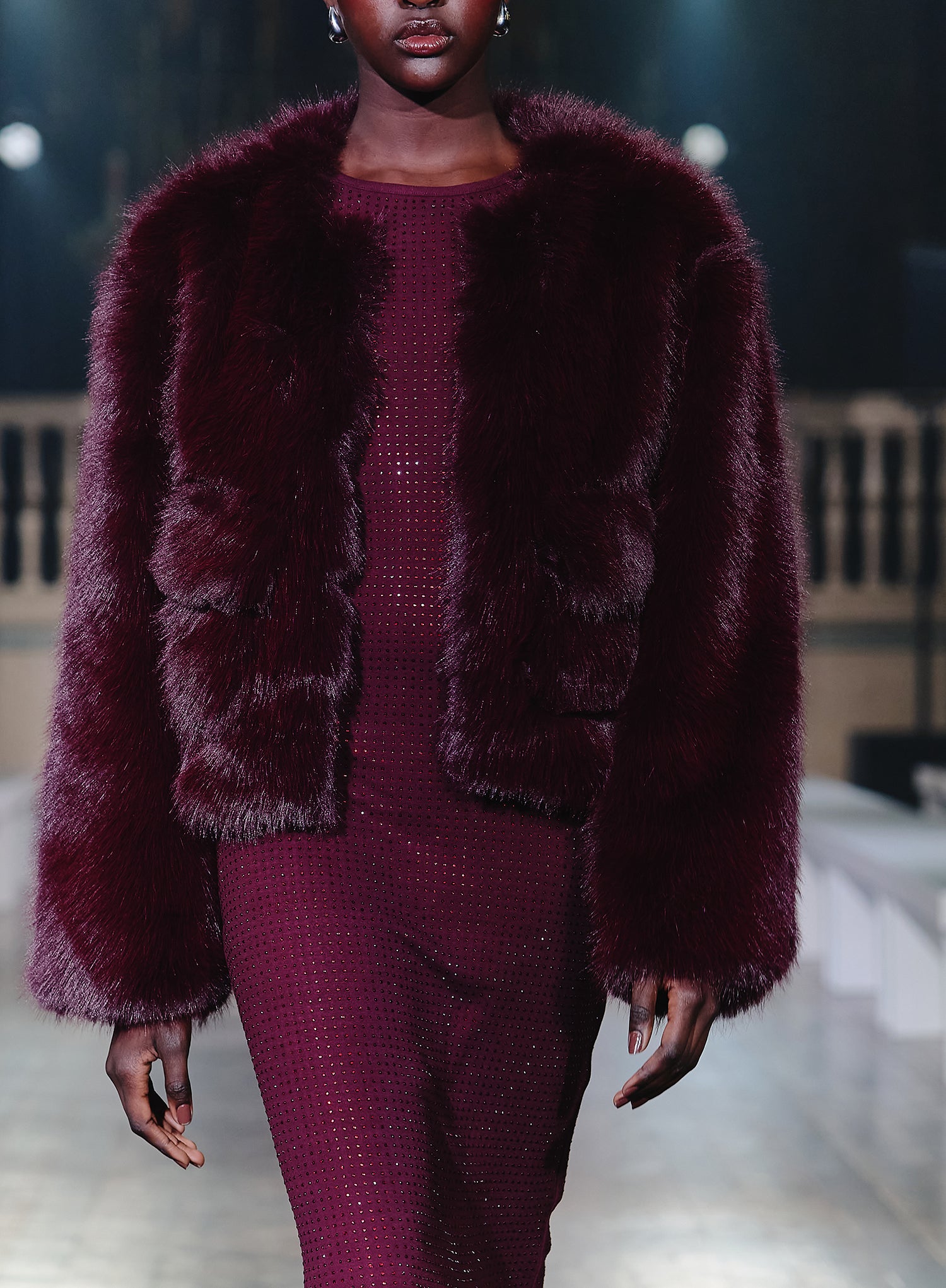 Burgundy Faux Fur Cropped Jacket- Reysha