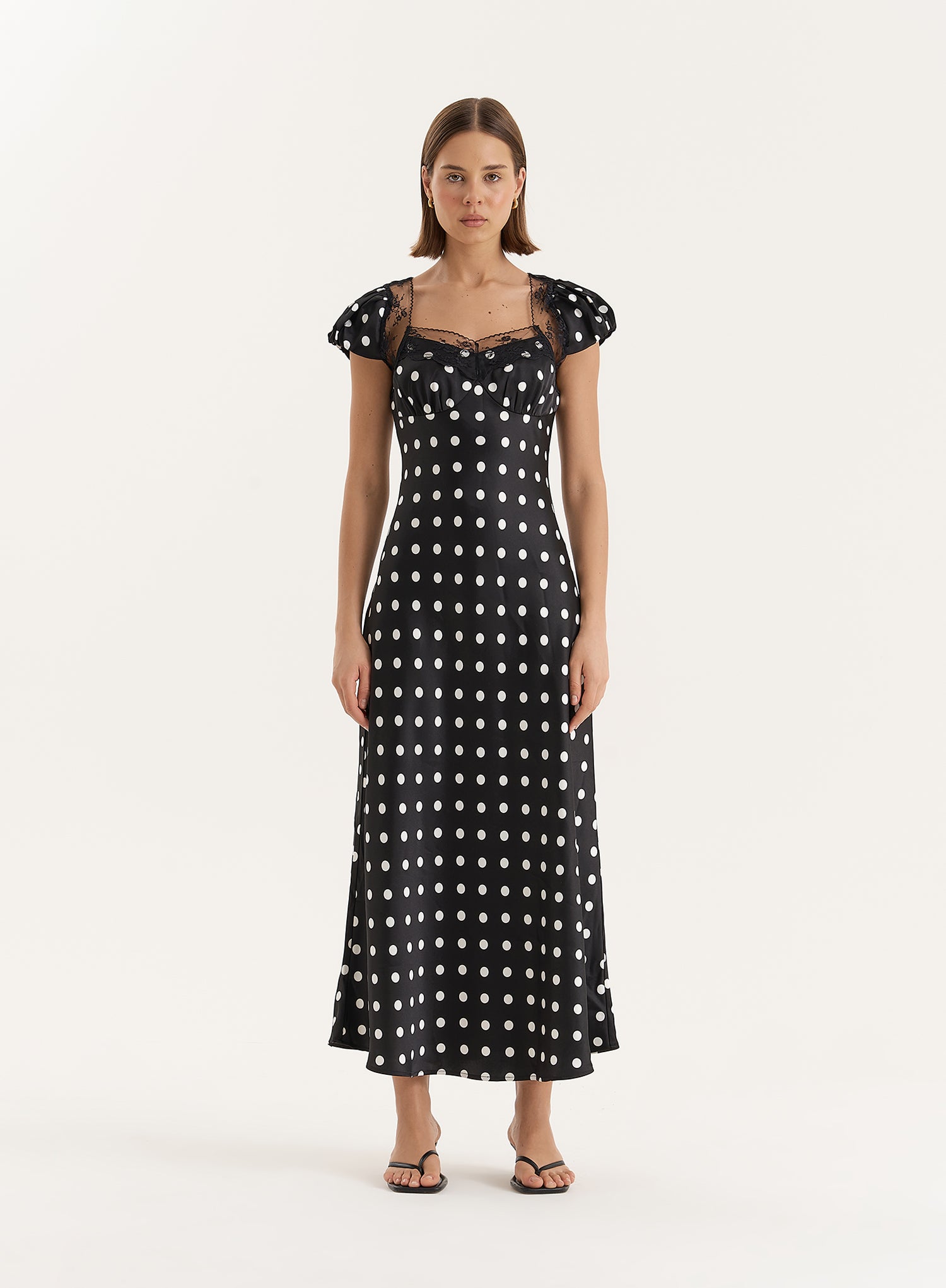 Black Polka Dot Satin Slip Maxi Dress- Sana