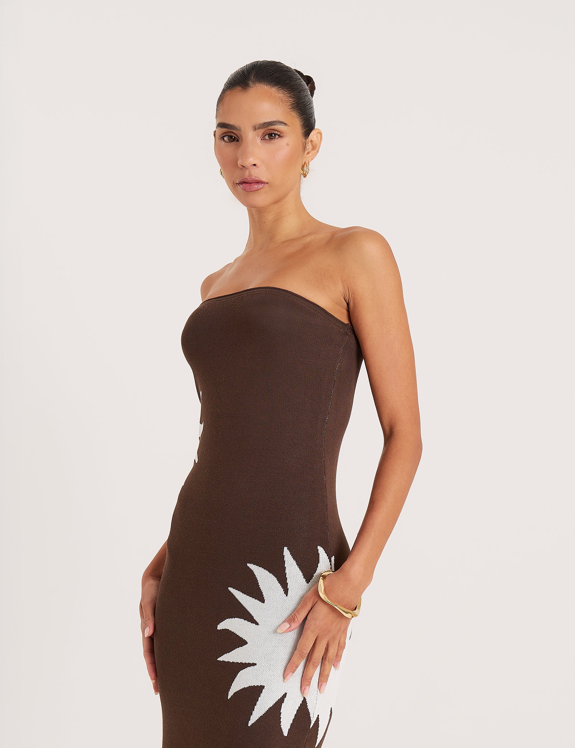Chocolate And Cream Sun Print Bandeau Maxi Dress