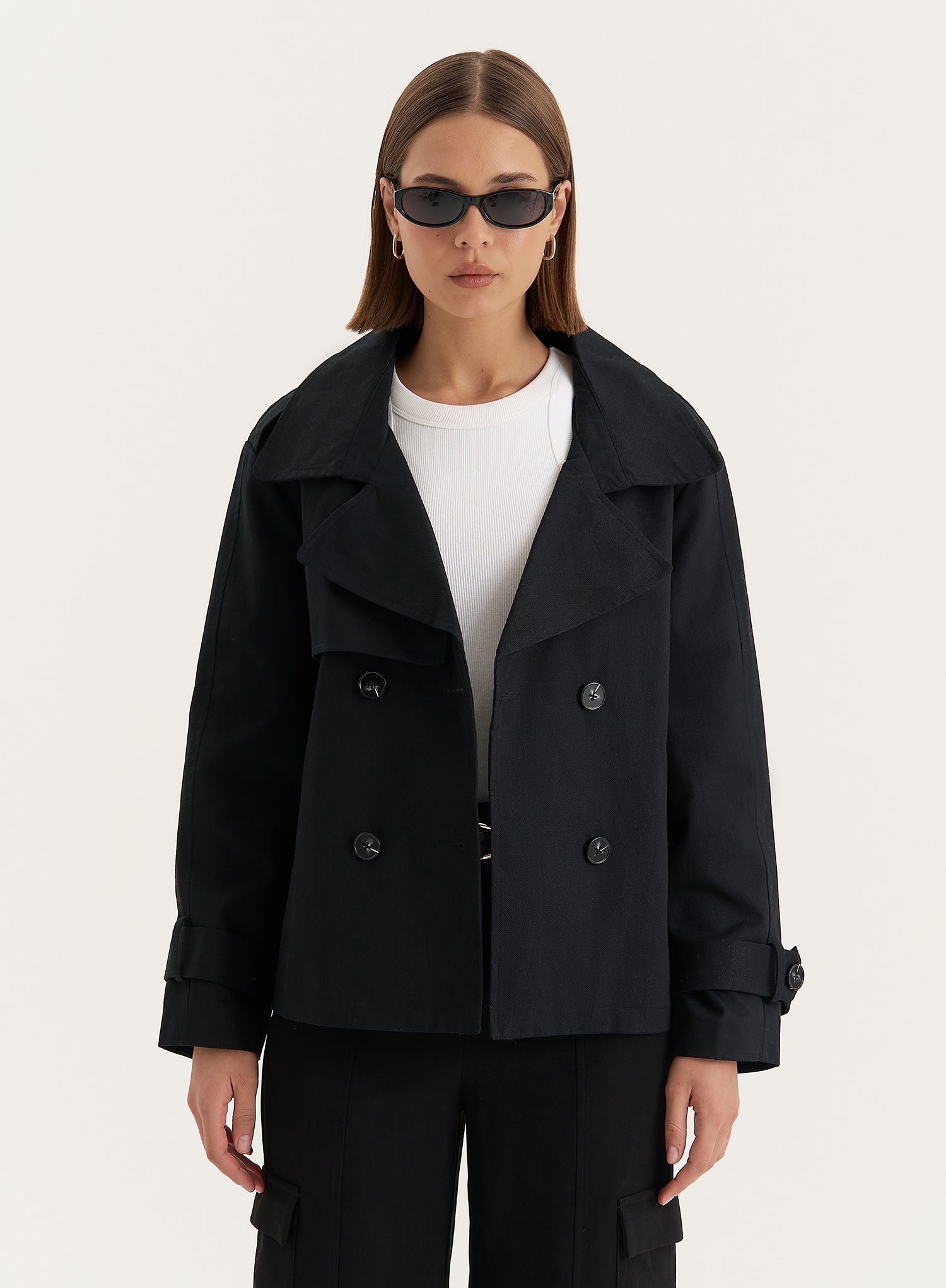 Black Cropped Trench Coat- Harlia