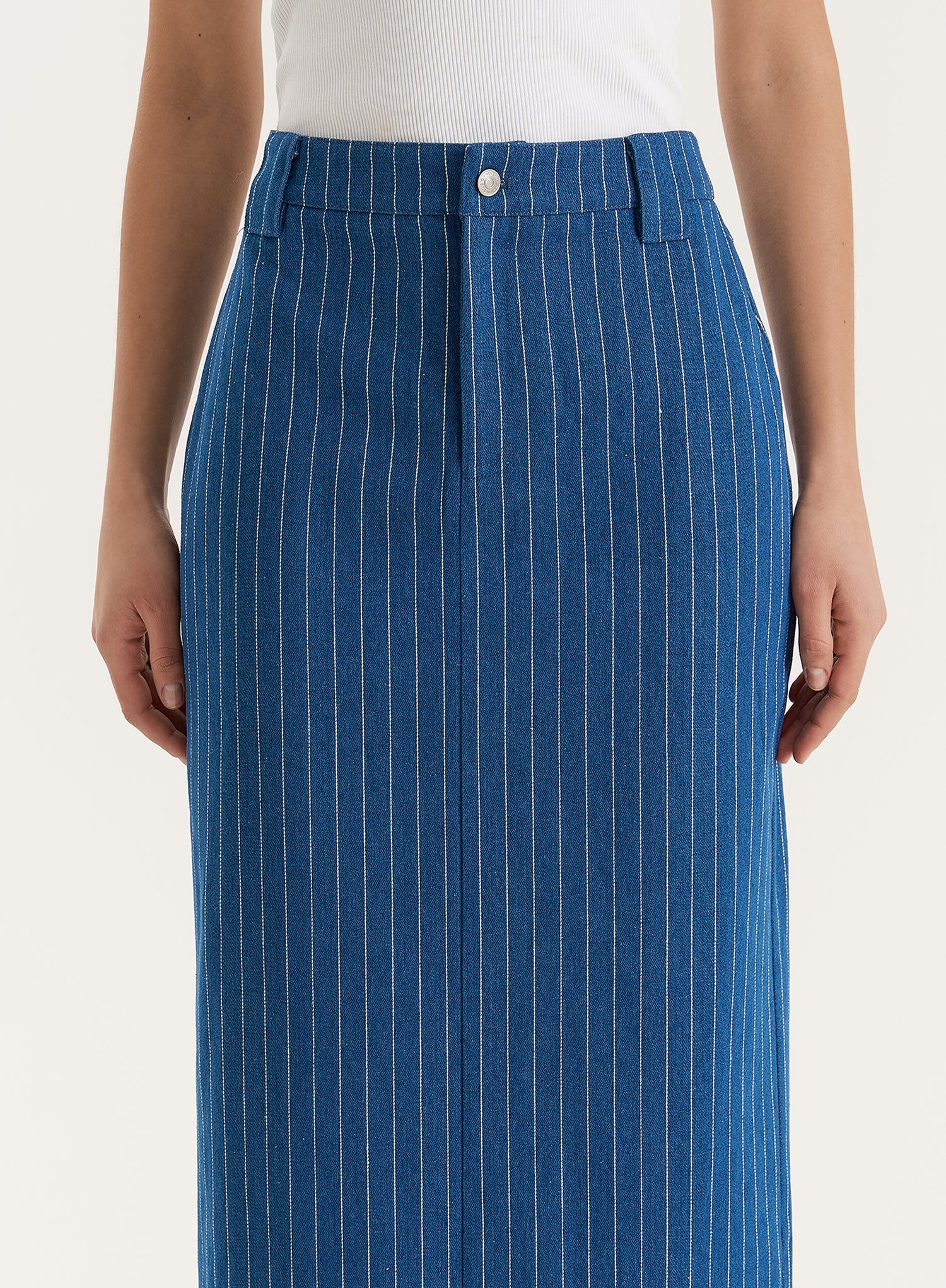 Blue Pinstripe Tailored Denim Maxi Skirt- Dionne