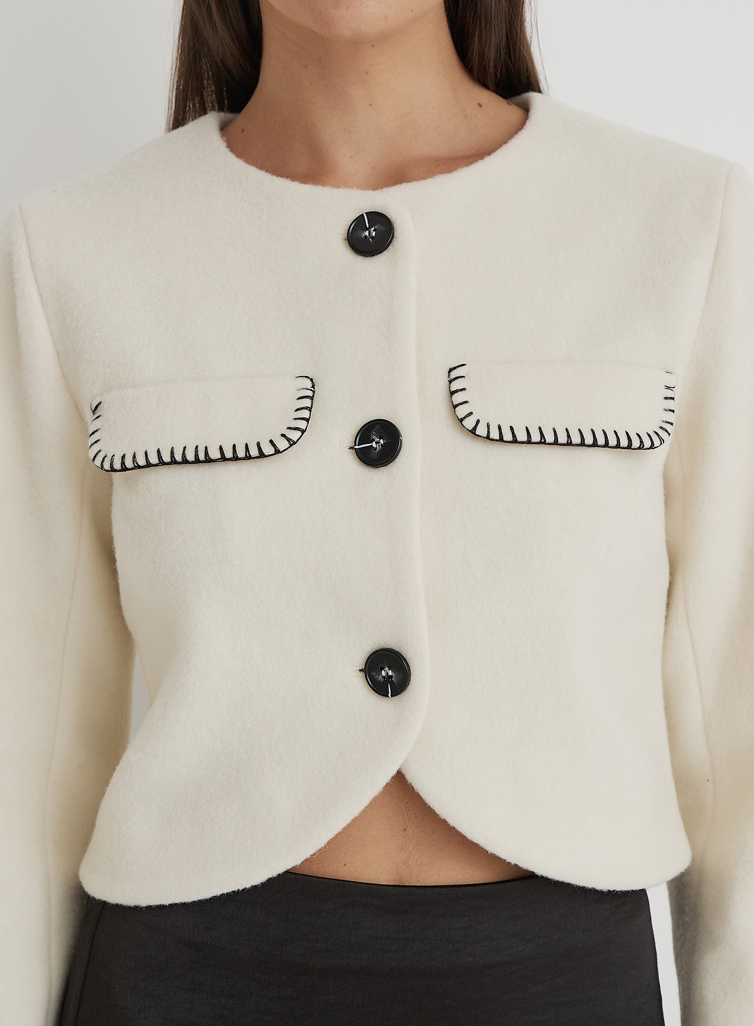 Cream Wool Contrast Pocket Cropped Jacket- Mable