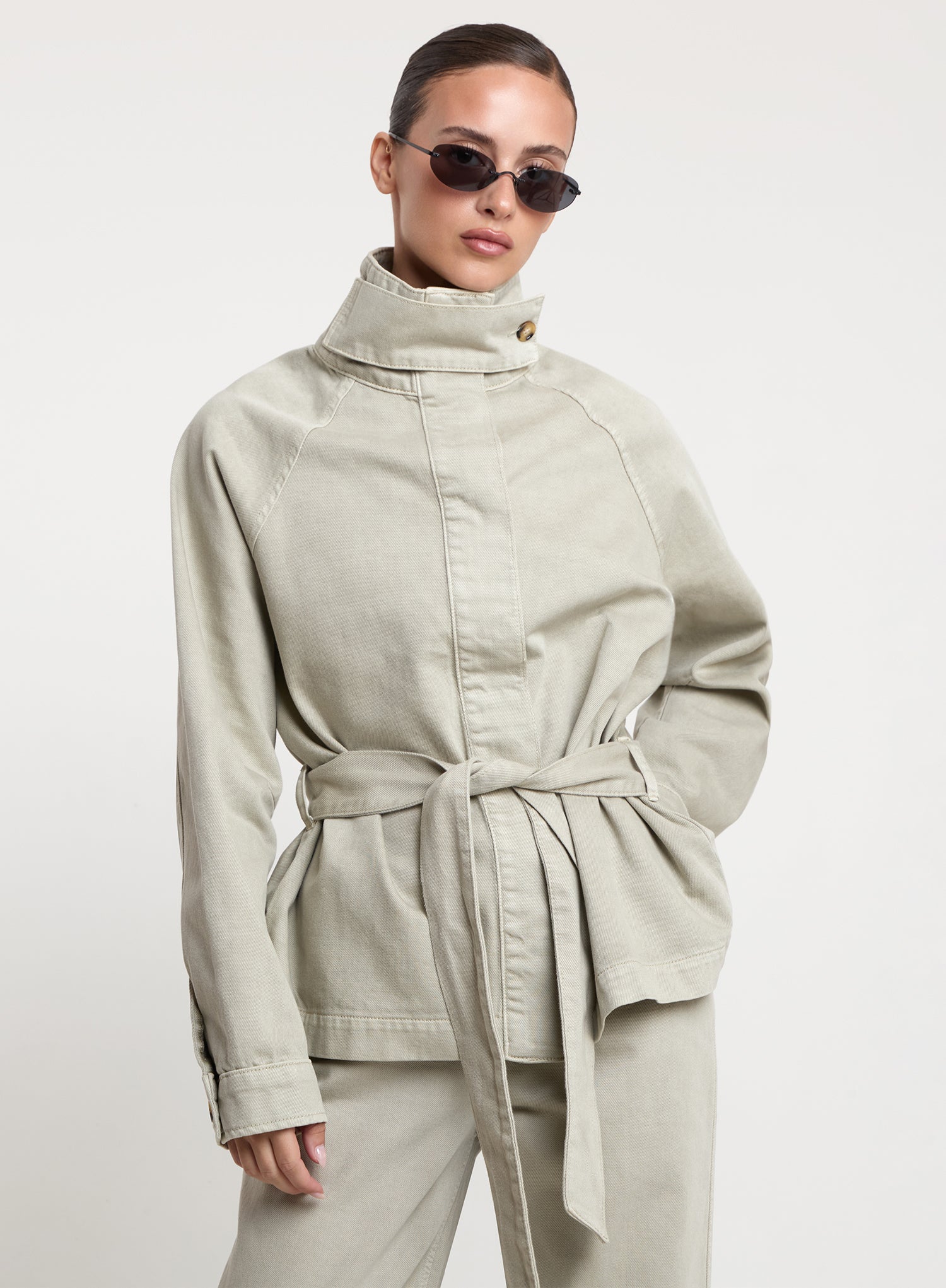 Washed Green Funnel Neck Denim Jacket