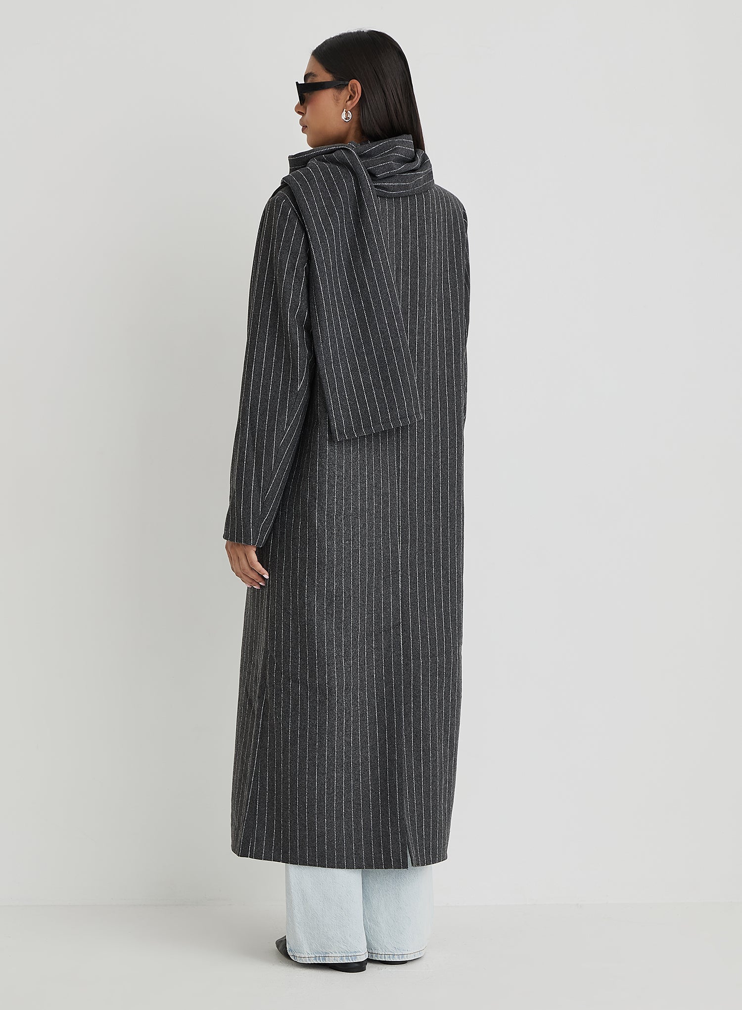 Grey Pinstripe Tailored Oversized Maxi Coat With Scarf- Melia