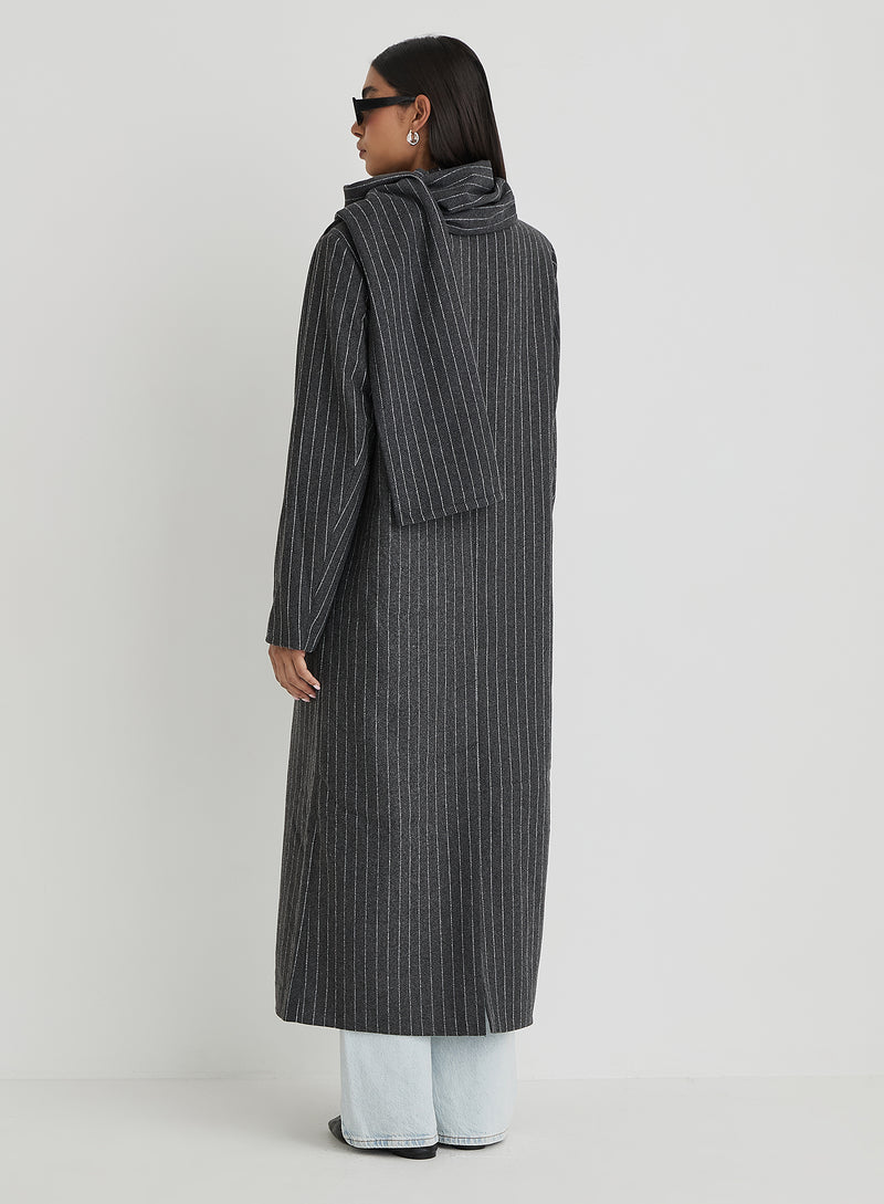 Grey Pinstripe Tailored Maxi Coat With Scarf- Melia