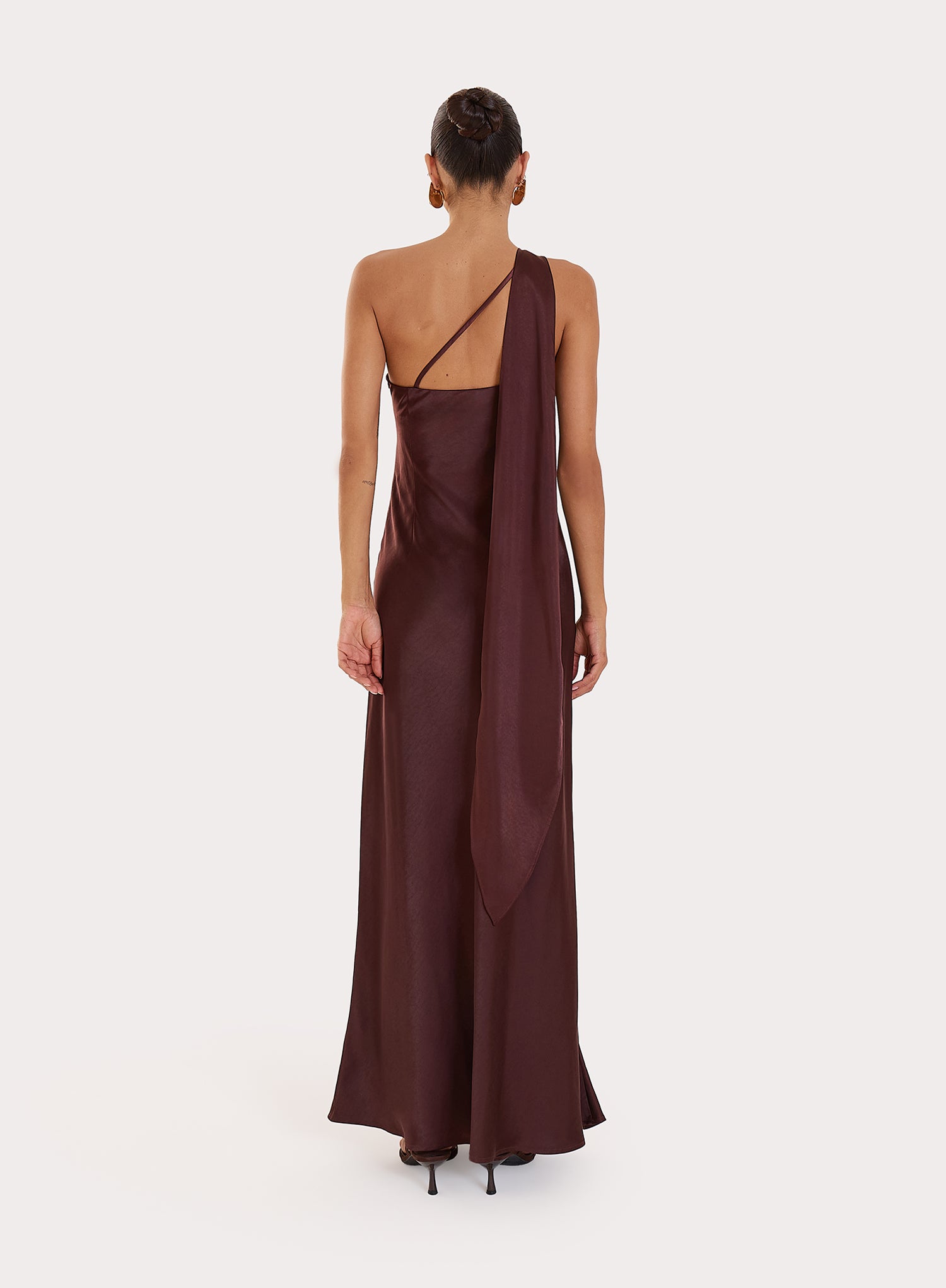 Chocolate Satin One Shoulder Maxi Dress