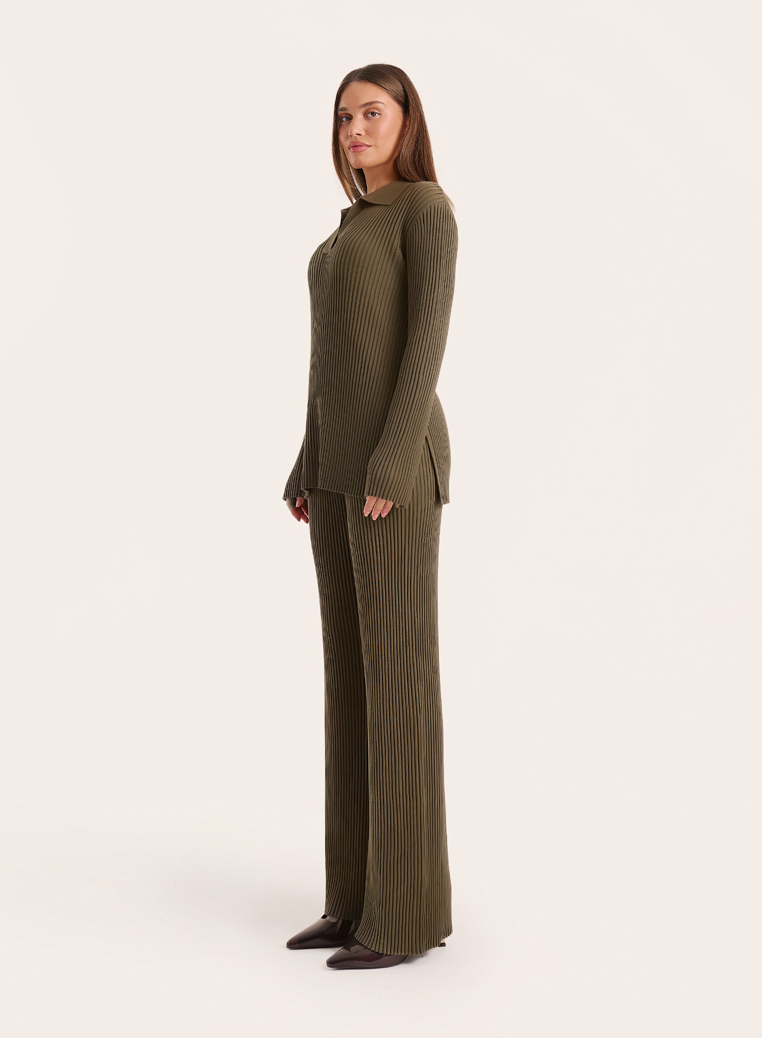 Olive Ribbed Knit Straight Leg Trousers