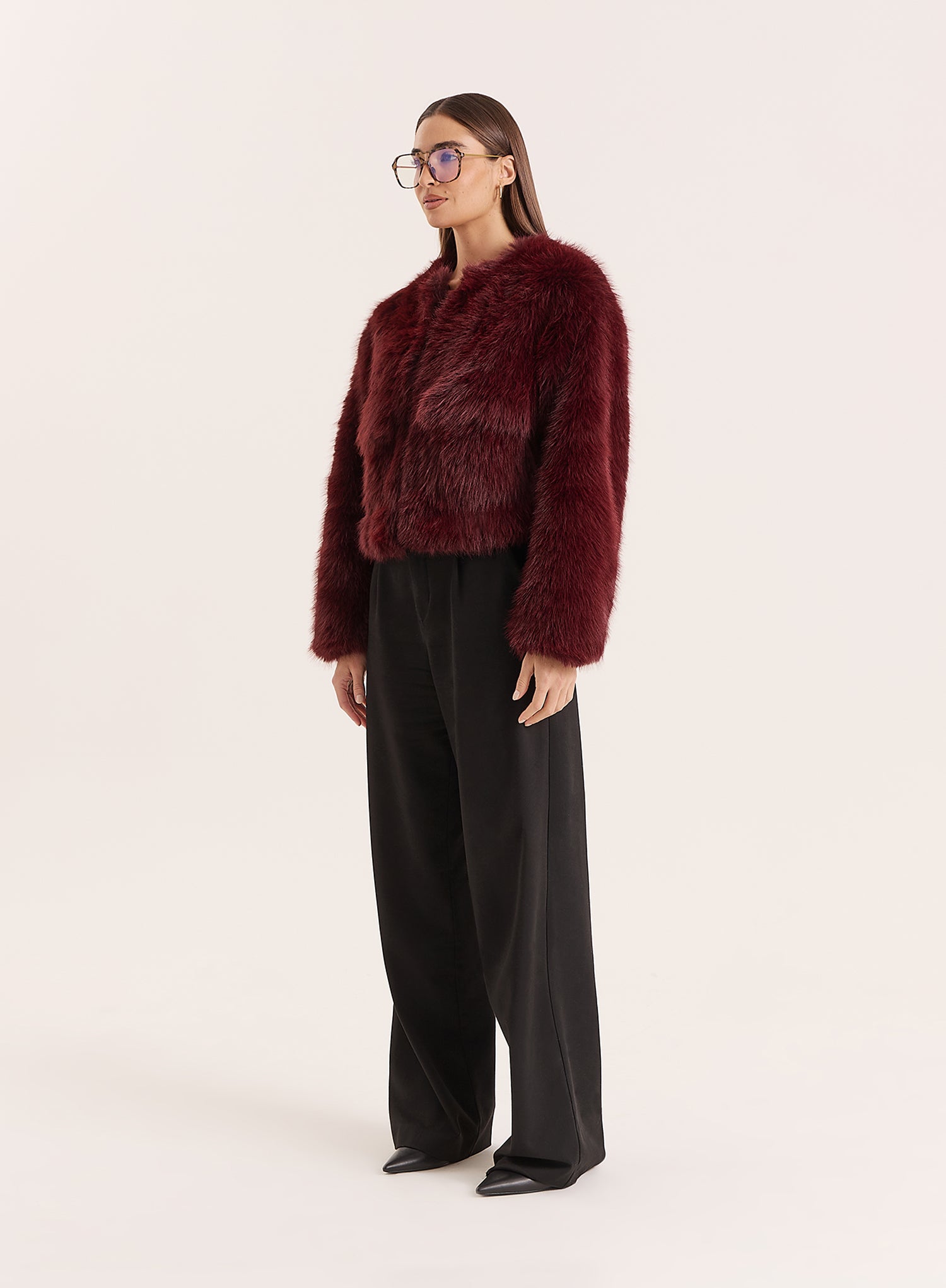 Burgundy Faux Fur Cropped Jacket