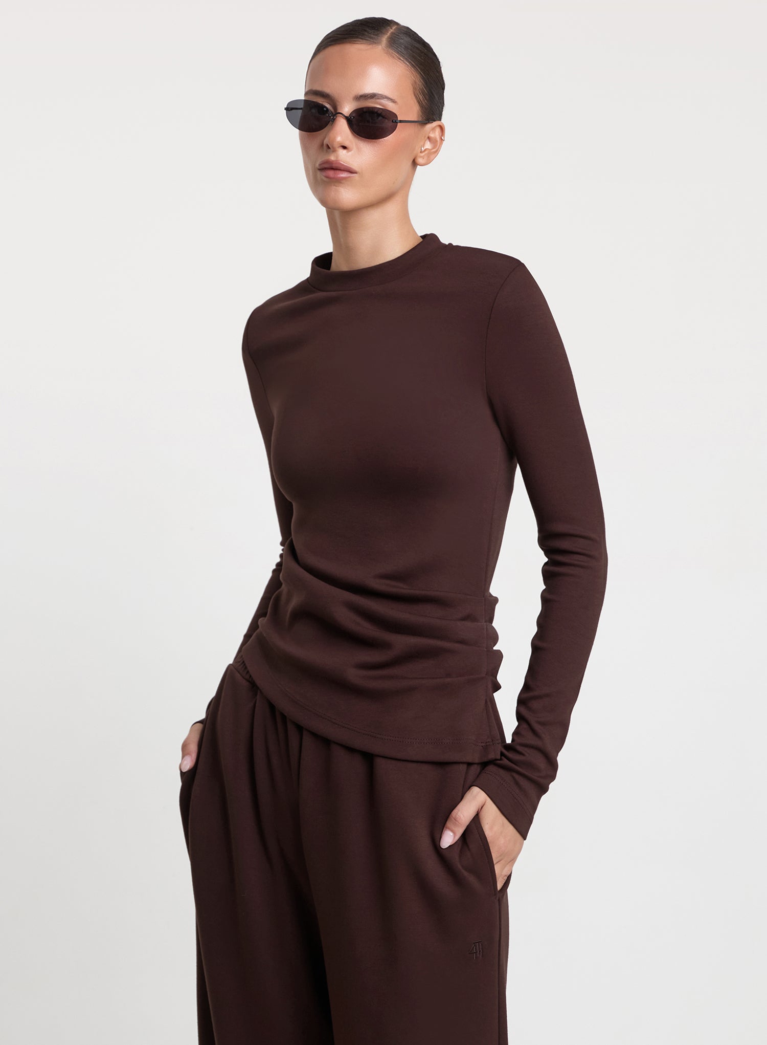 Chocolate Brown Ruched Side Long Sleeve Top
