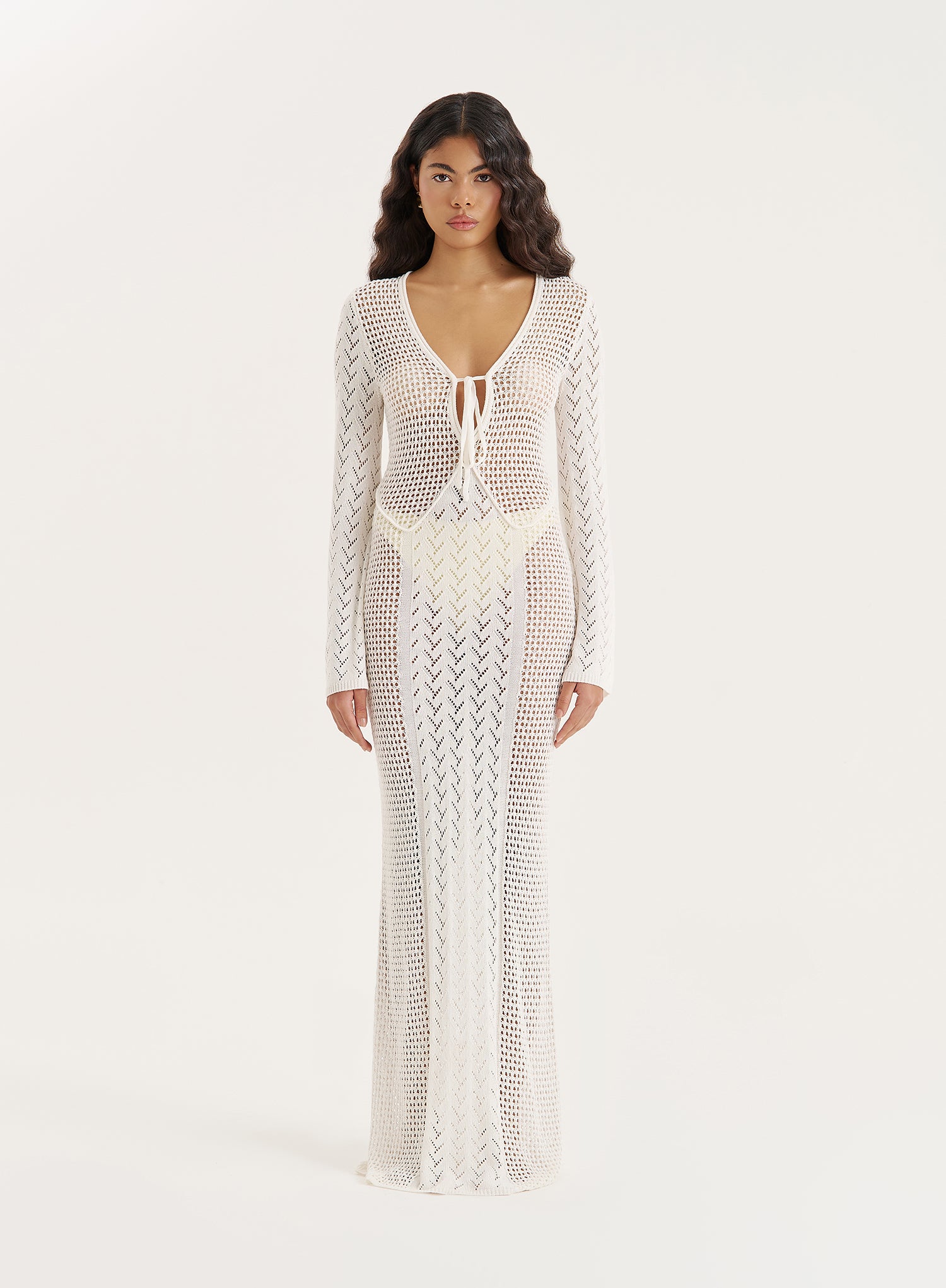 Women's Cream Knit Panelled Crochet Maxi Dress | Chloe