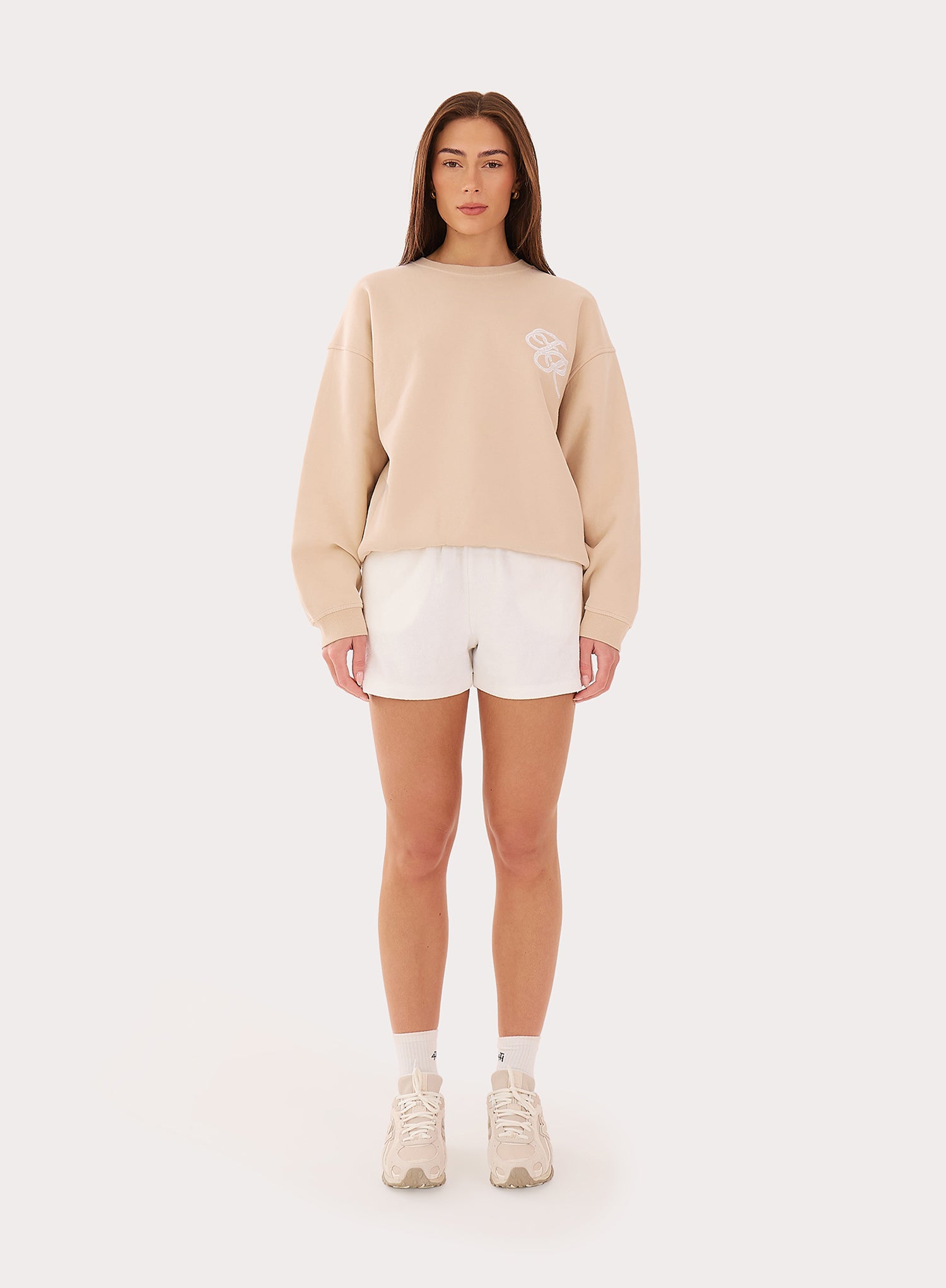 Beige Embroidered Lace Branded Oversized Sweatshirt