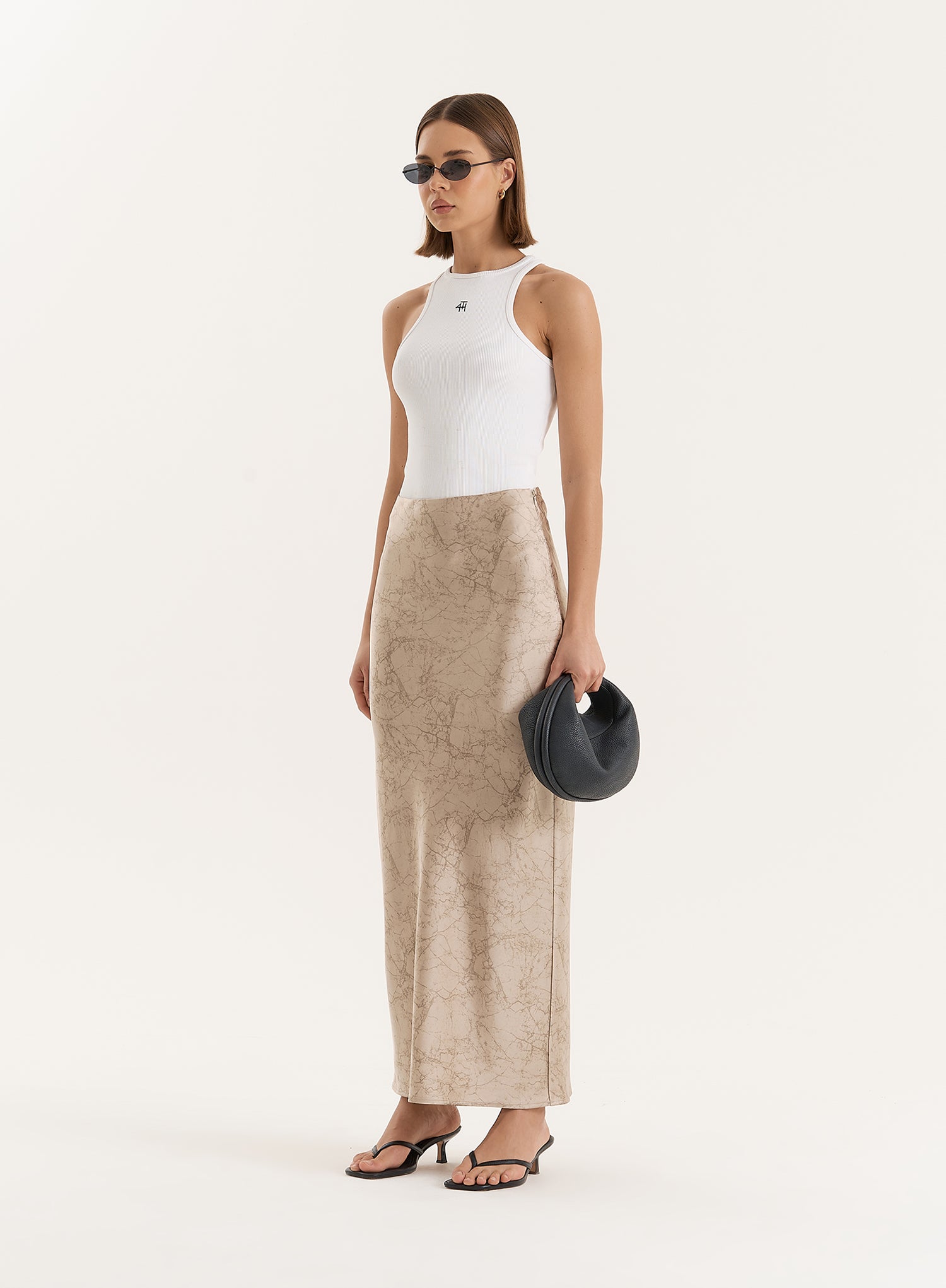 Beige Print Satin Maxi Skirt- Novah