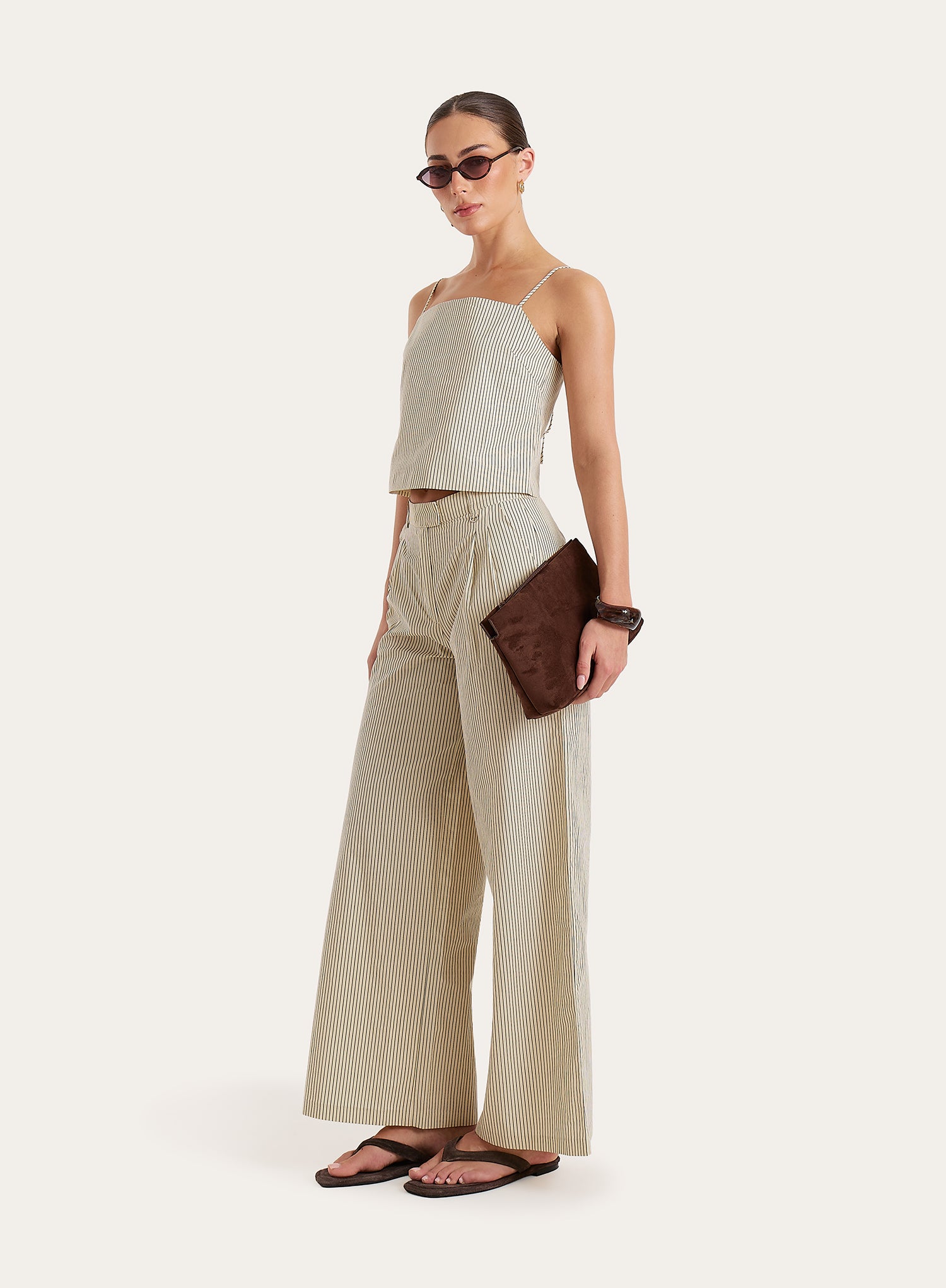 Beige Striped Wide Leg Tailored Trousers