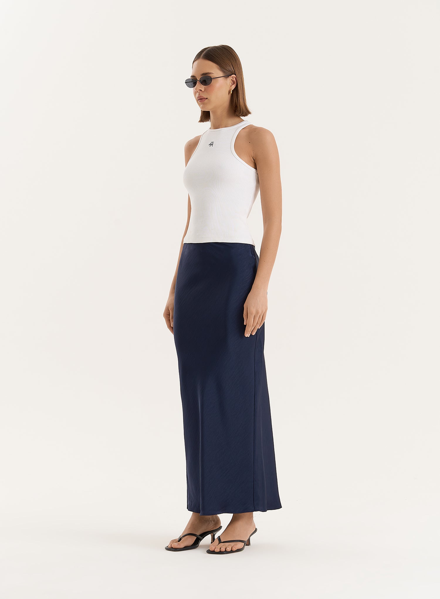 Navy Satin Maxi Skirt- Novah