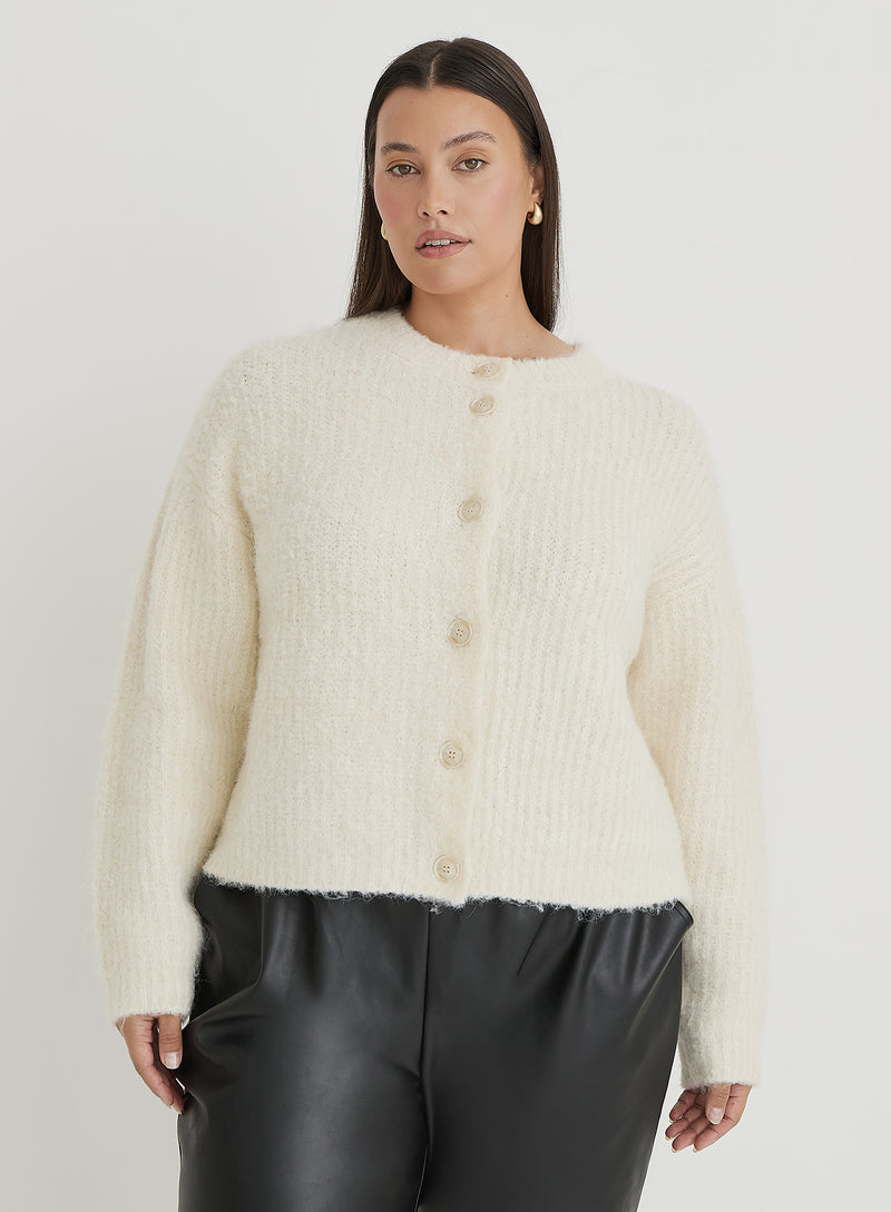 Cream Plus Size Fluffy Knit Crew Neck Cardigan- Kinsley