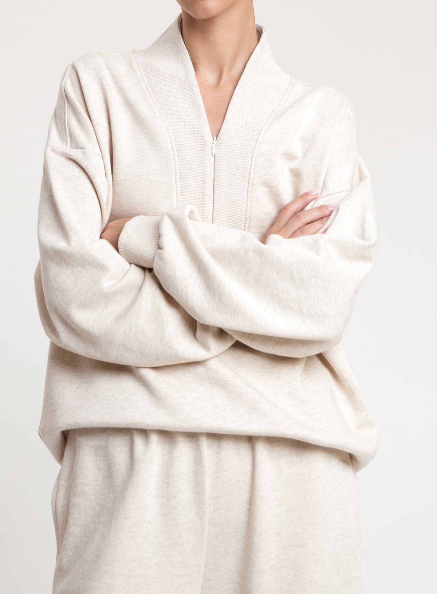 Oatmeal V-Neck Zip Detail Cotton Sweatshirt