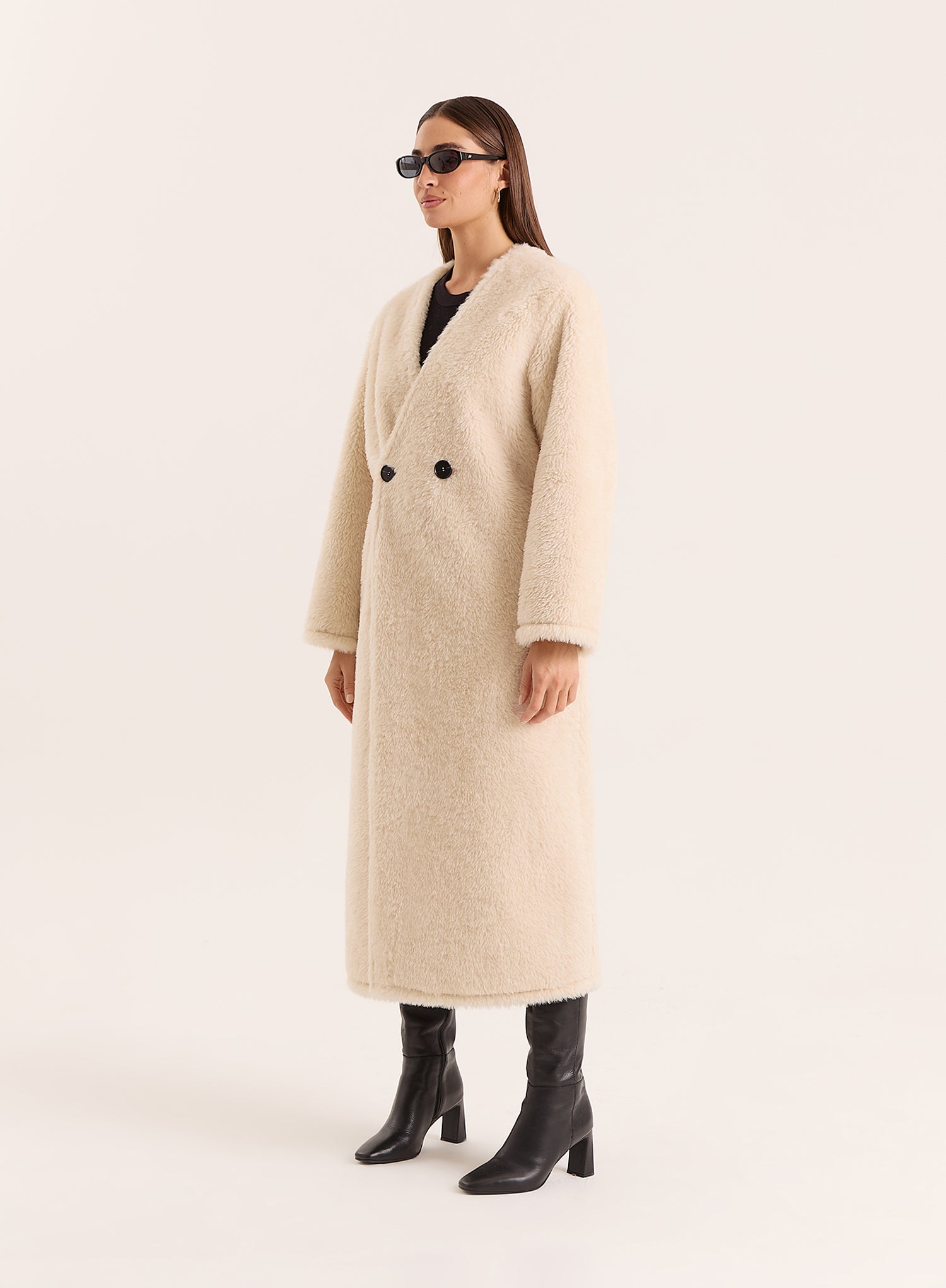 Cream Shearling Longline Buttoned Coat