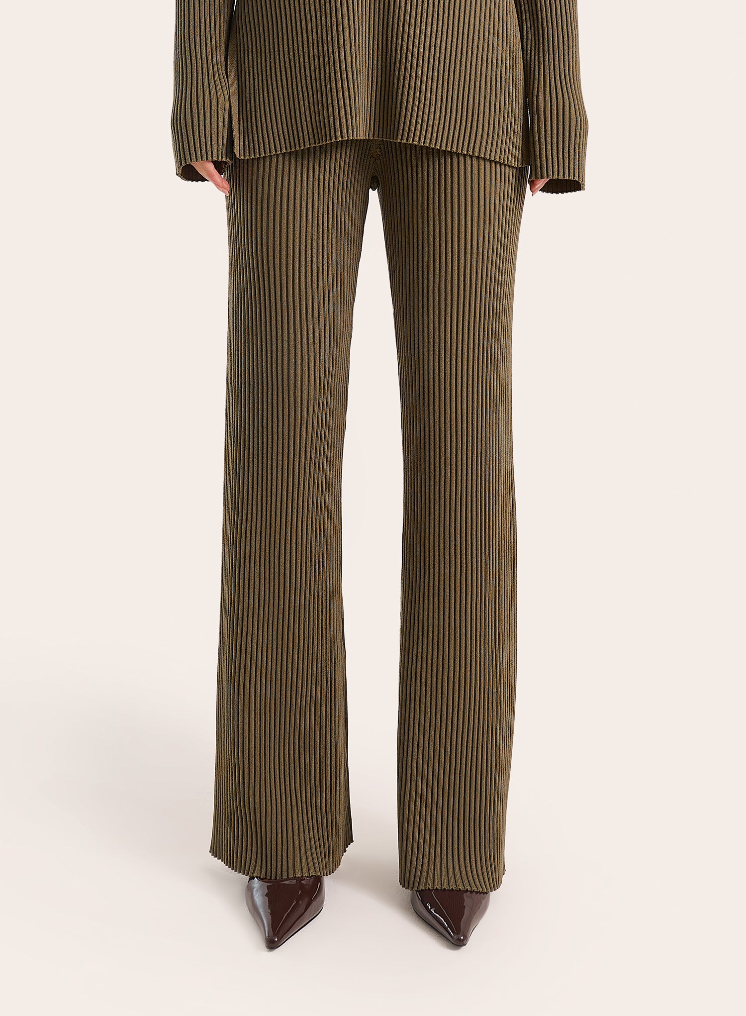 Olive Ribbed Knit Straight Leg Trousers