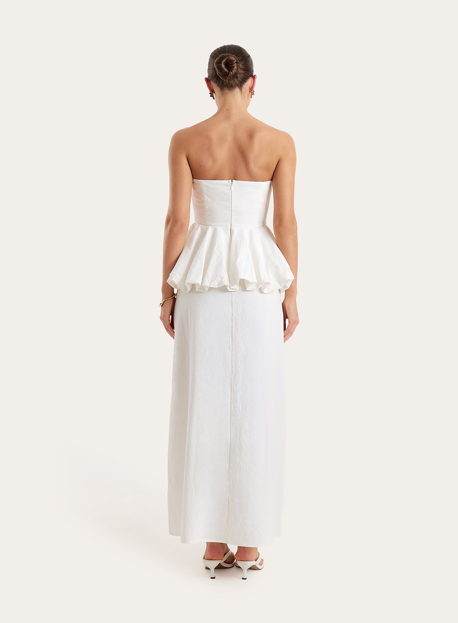 White Puff Ball Peplum Waist Maxi Dress
