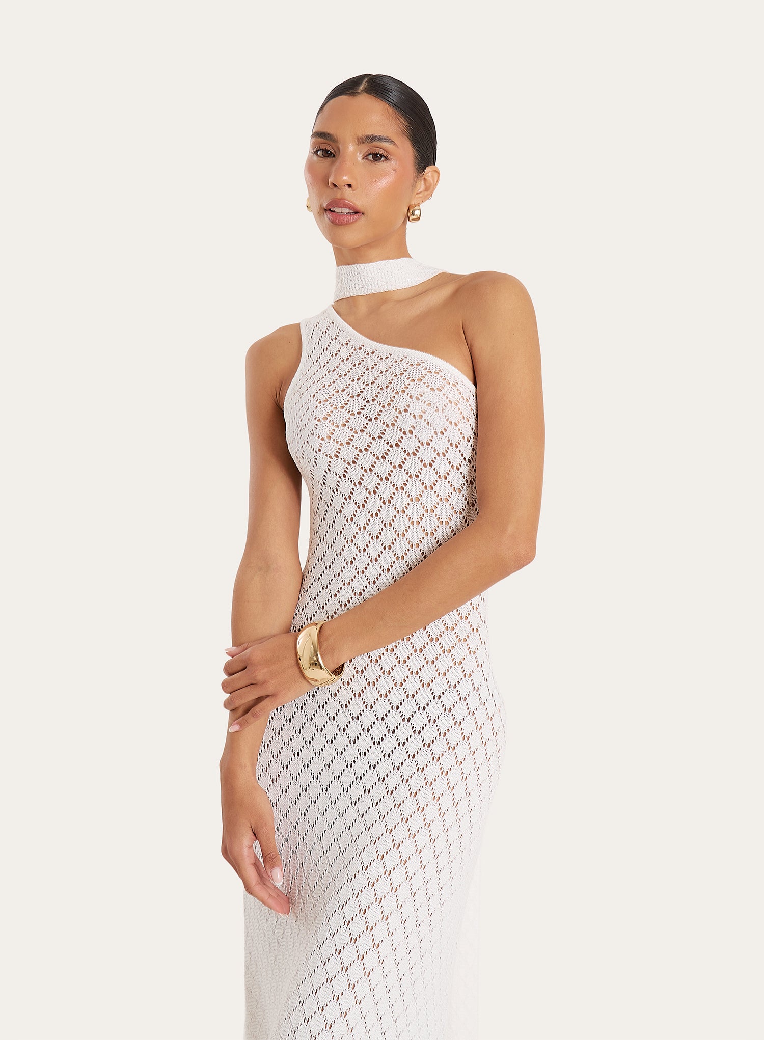 White Crochet One Shoulder Scarf Neck Maxi Dress