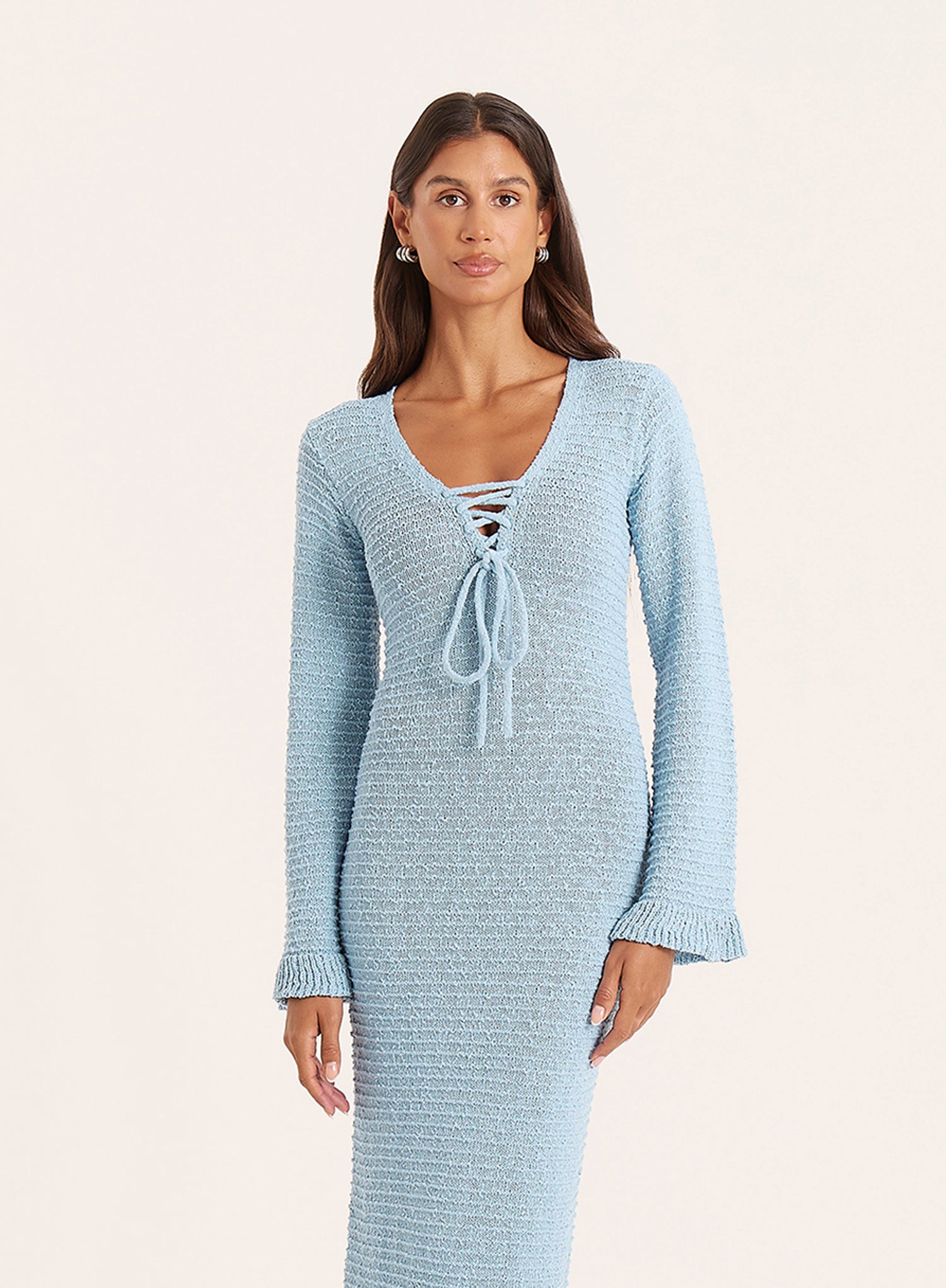 Blue Knitted Tie Front Maxi Dress