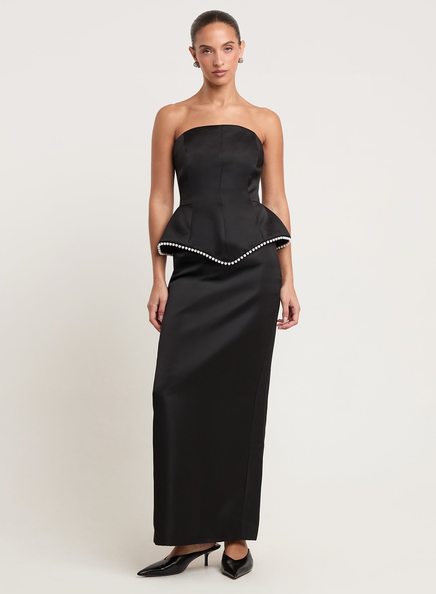 Black Satin Structured Column Maxi Skirt