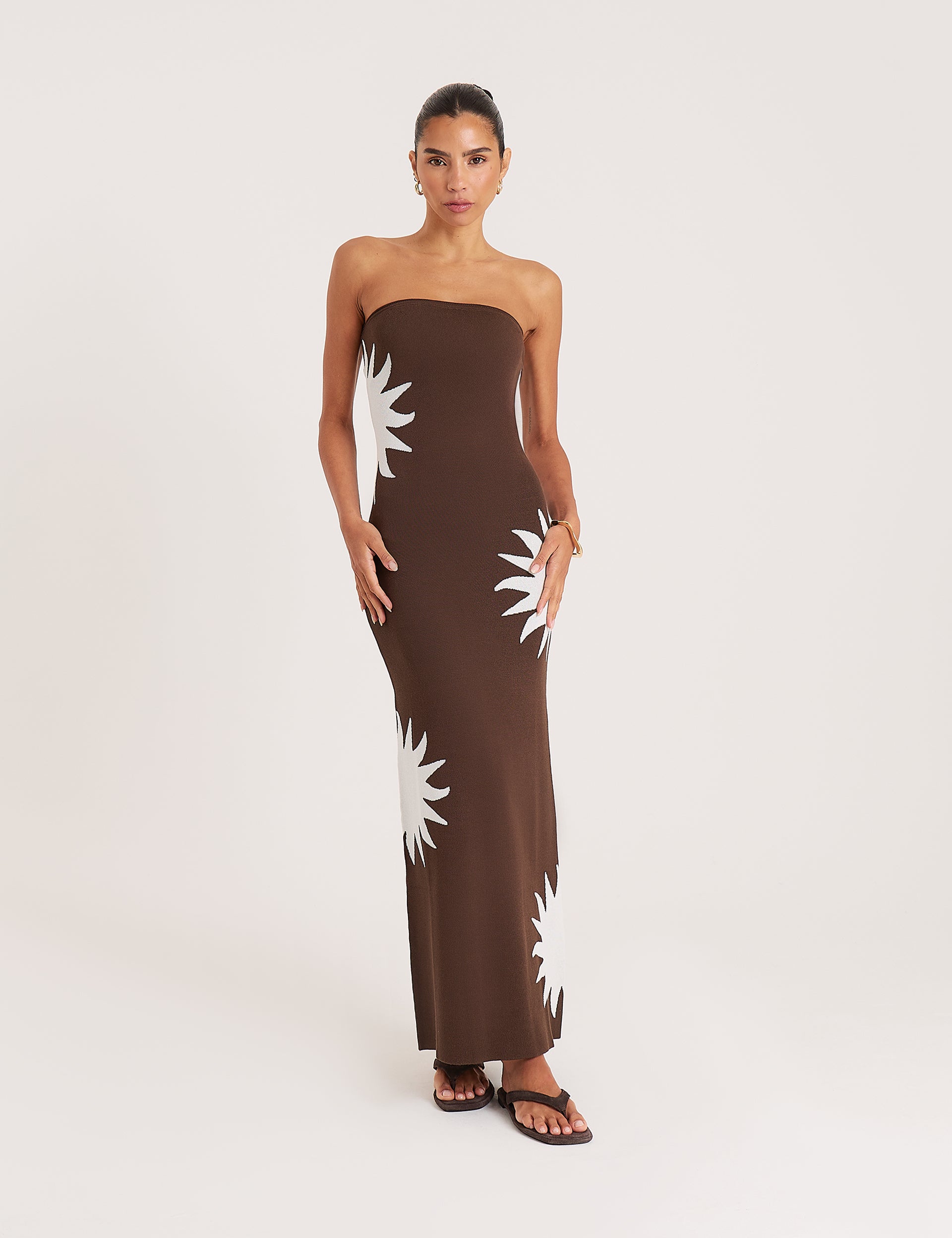 Women's Chocolate and Cream Sun Print Bandeau Maxi Dress | Cassy