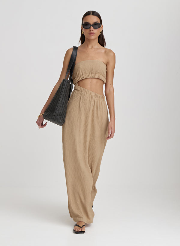 Camel Textured Cut Out Bandeau Maxi Dress- Angie