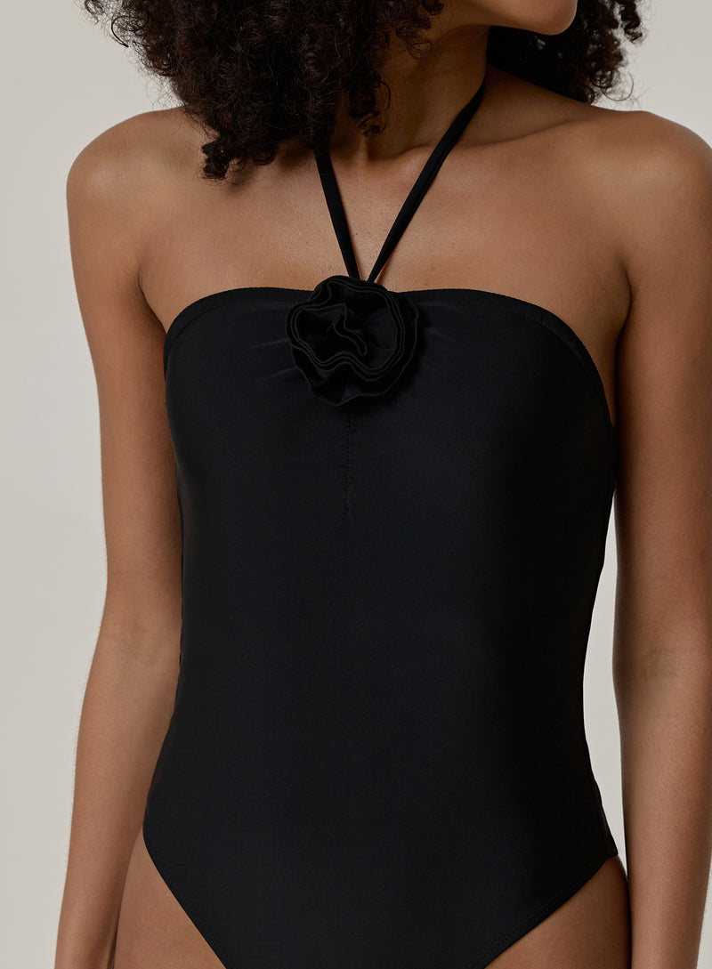 Black Rosette Swimsuit With Tie Neck- Palma