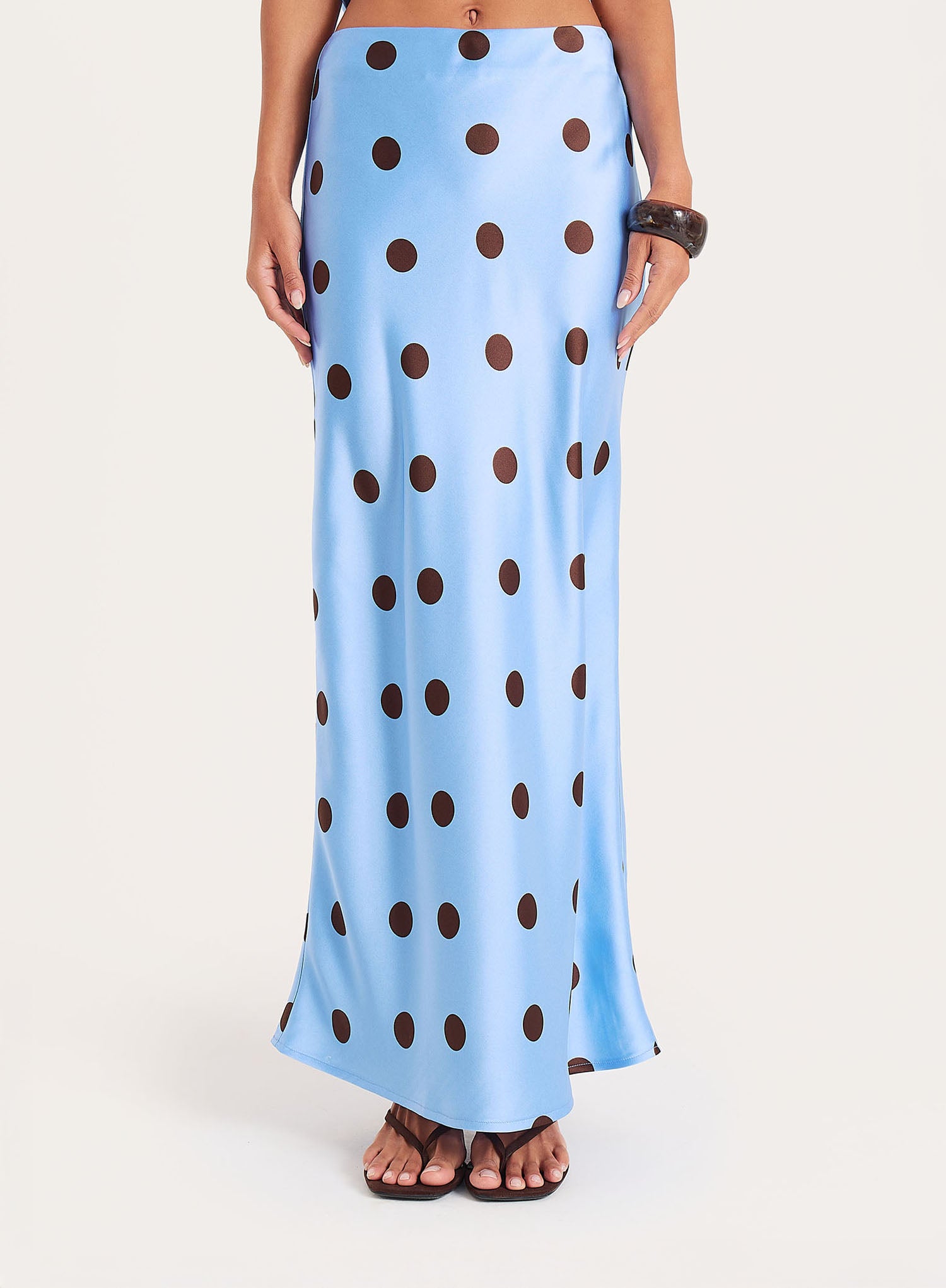 Blue And Chocolate Polka Dot Satin Maxi Skirt