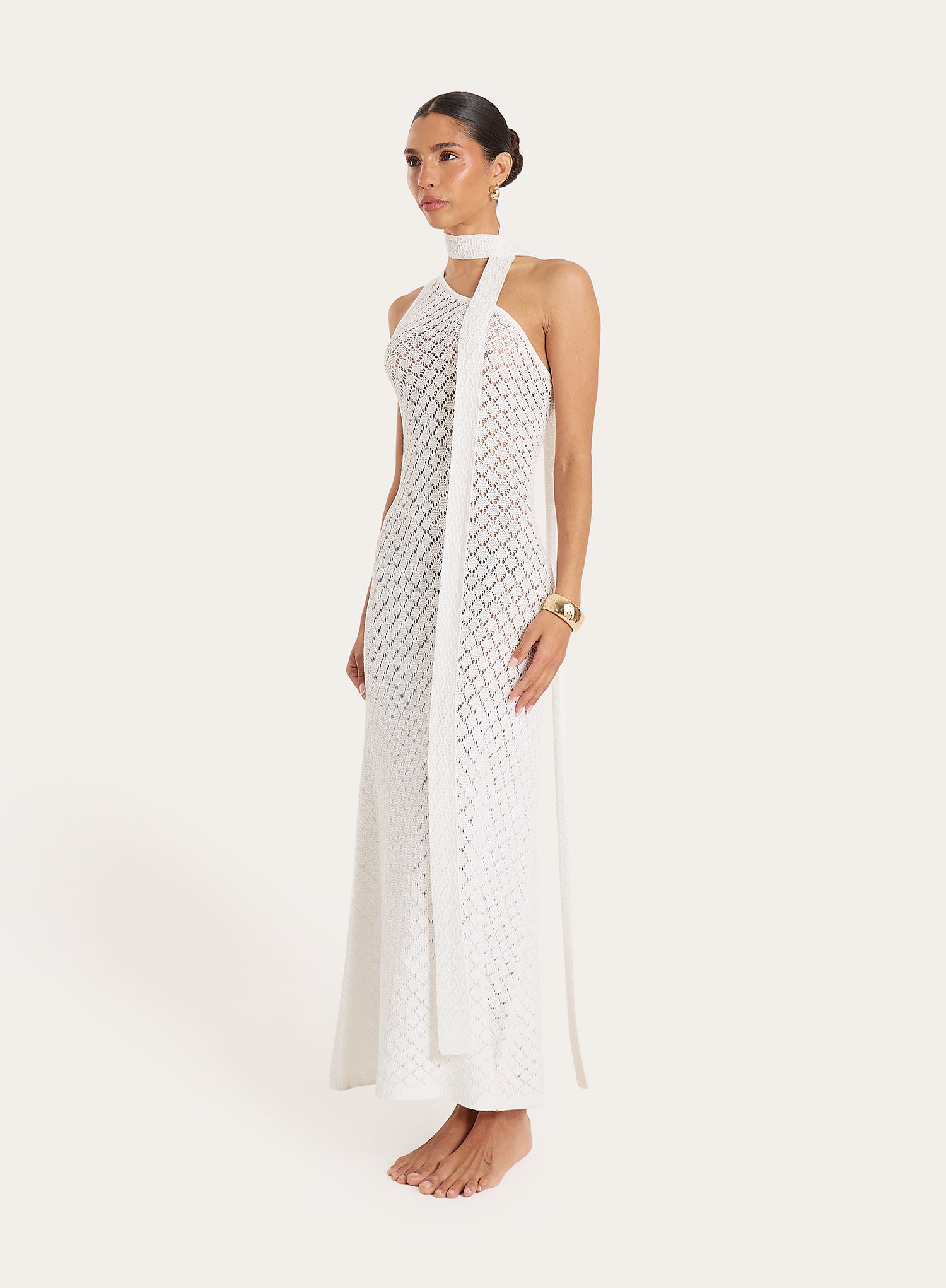 White Crochet One Shoulder Scarf Neck Maxi Dress