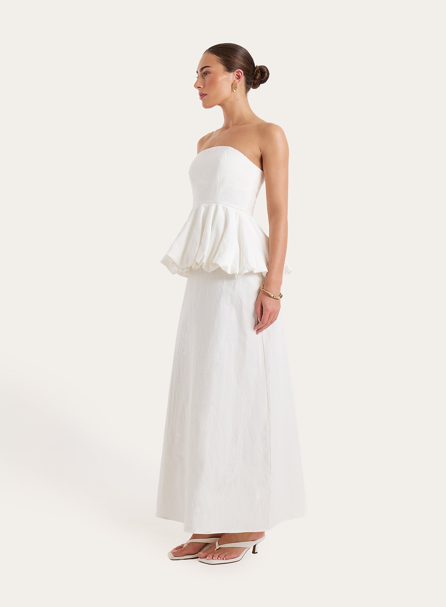White Puff Ball Peplum Waist Maxi Dress