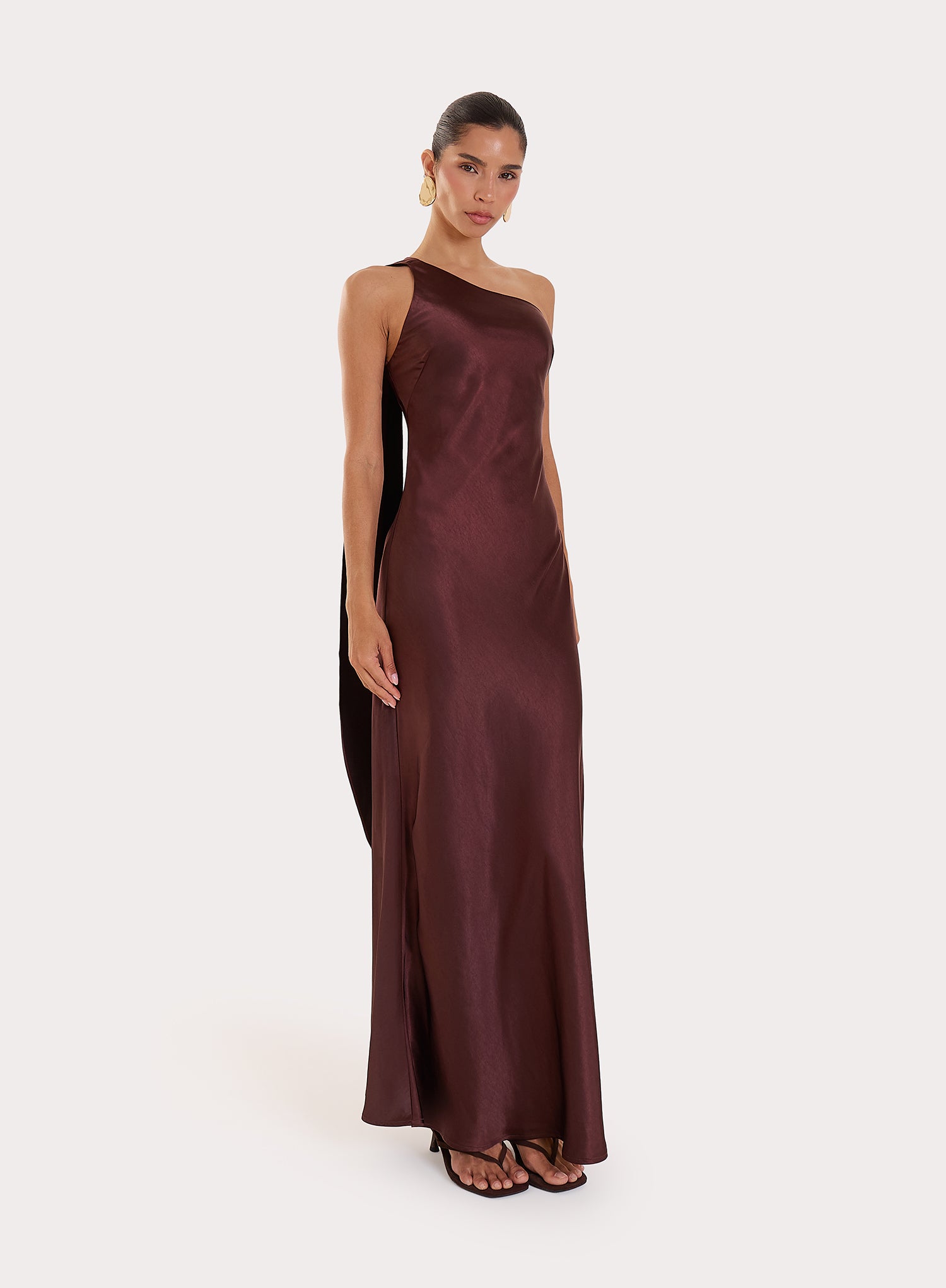 Chocolate Satin One Shoulder Maxi Dress
