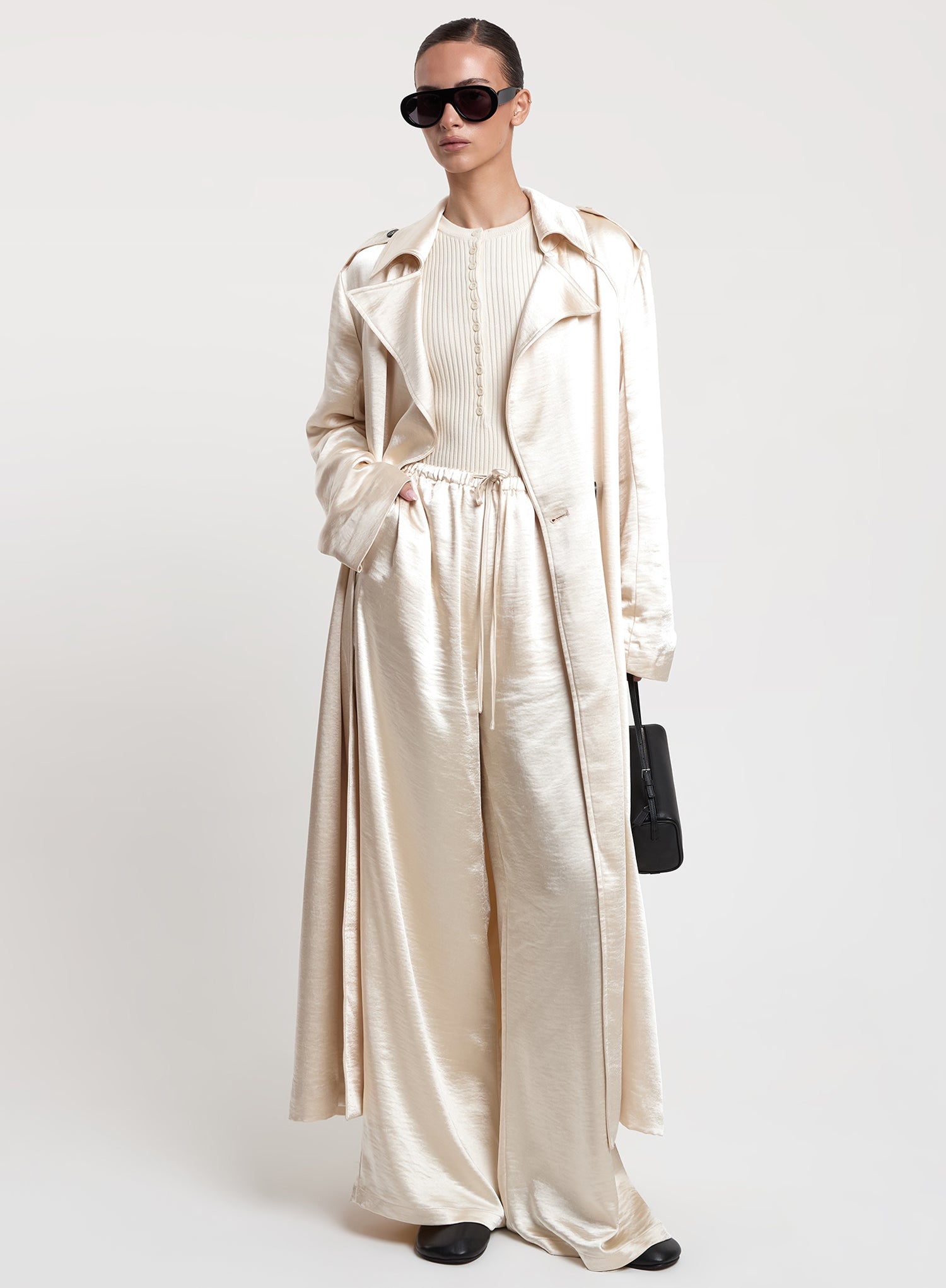 Cream Satin Belted Trench Coat