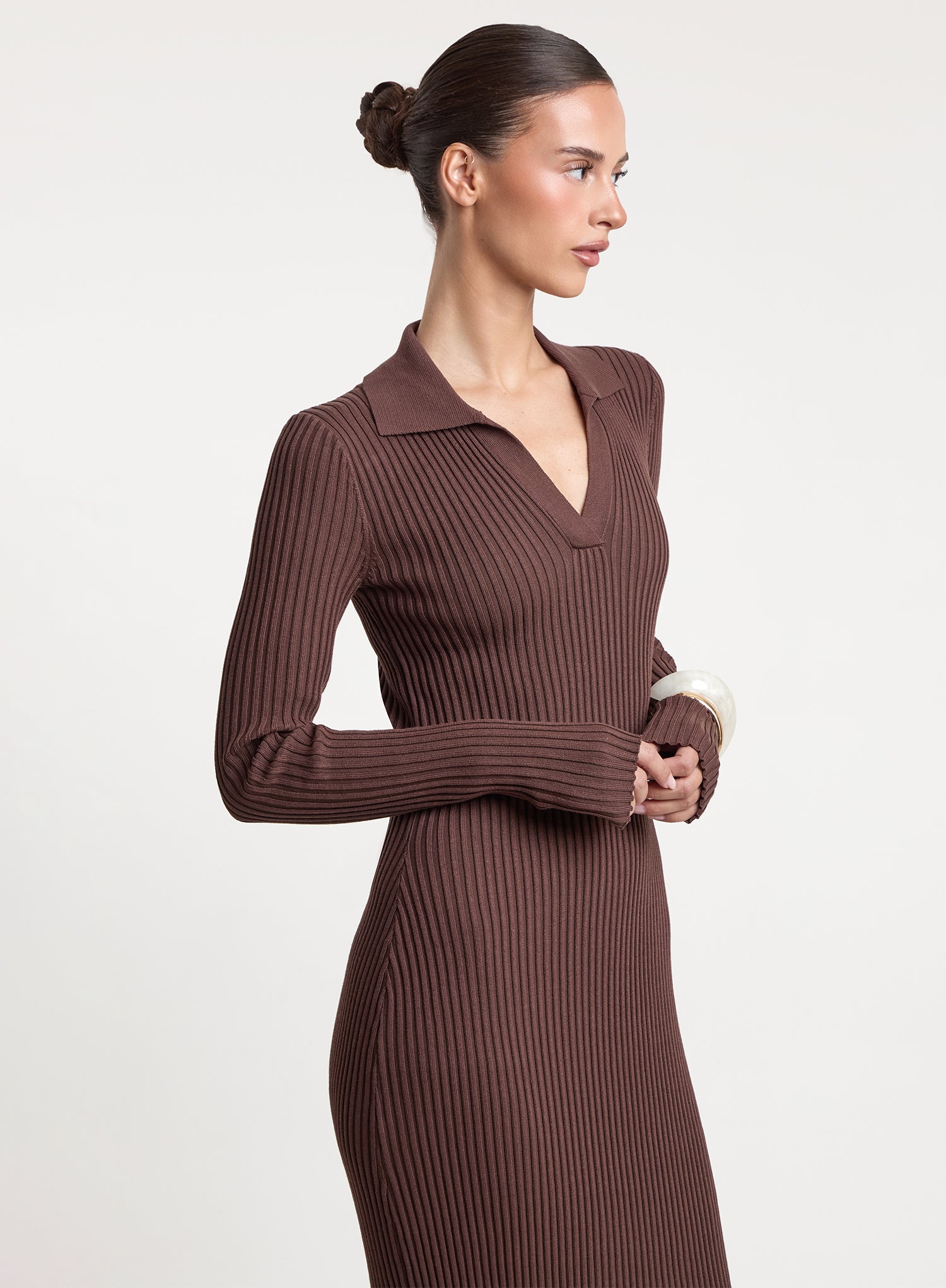 Chocolate Polo Collar Knitted Maxi Dress