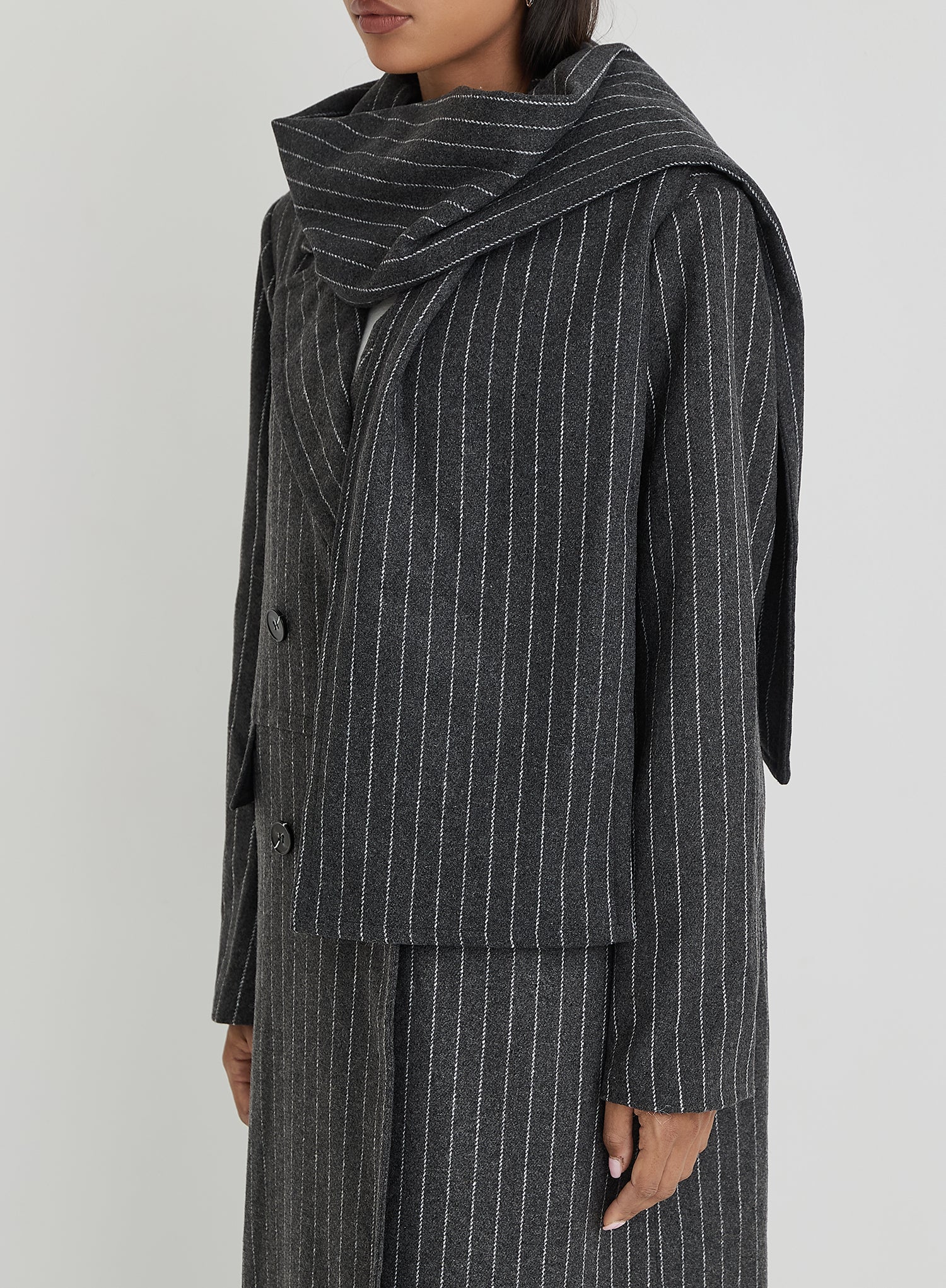 Grey Pinstripe Tailored Oversized Maxi Coat With Scarf- Melia