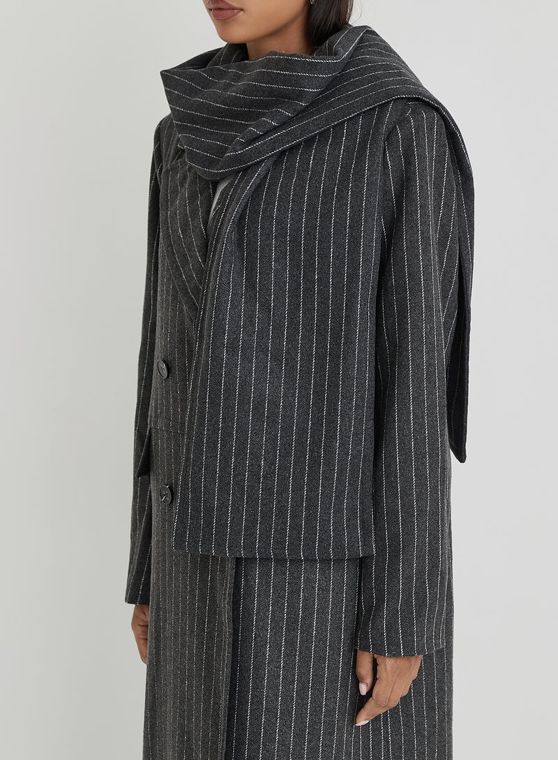 Grey Pinstripe Tailored Maxi Coat With Scarf- Melia