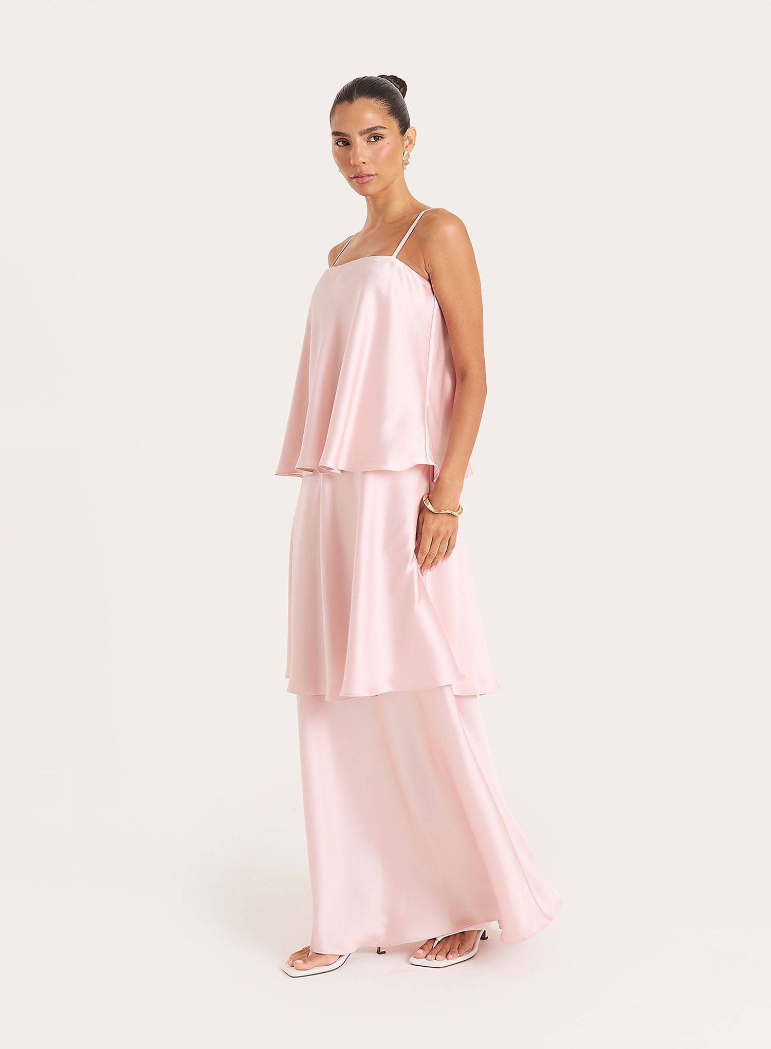 Pink Satin Tiered Maxi Dress