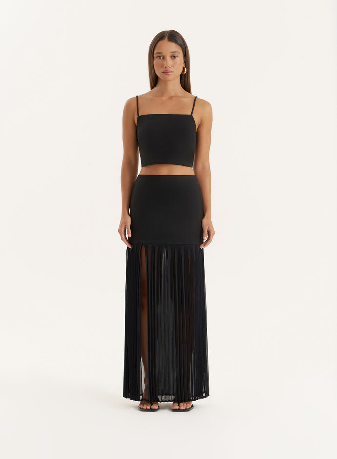 Black Side Split Pleated Maxi Skirt- Lucian