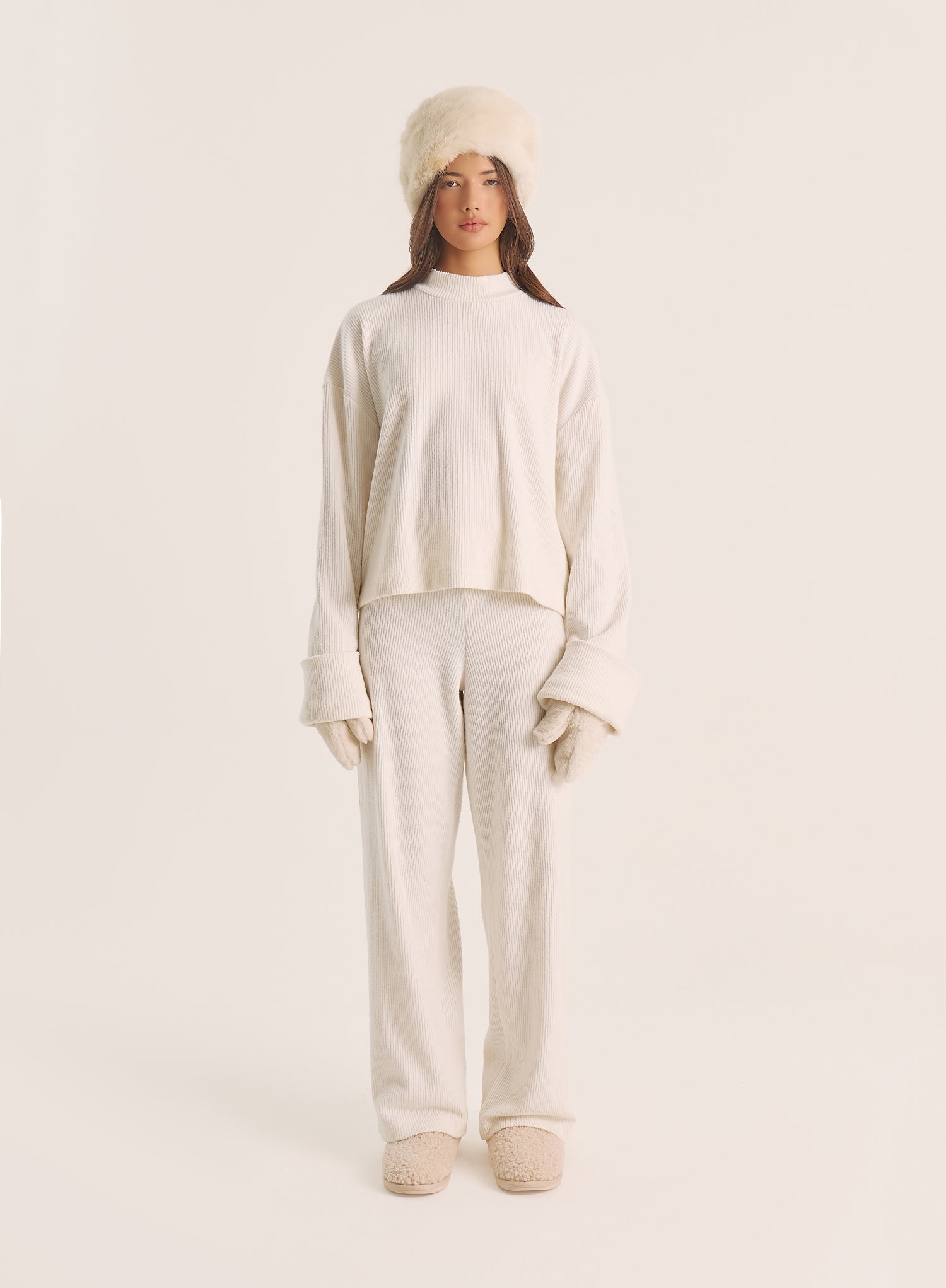 Ecru Foldover Waist Wide Leg Jersey Trousers