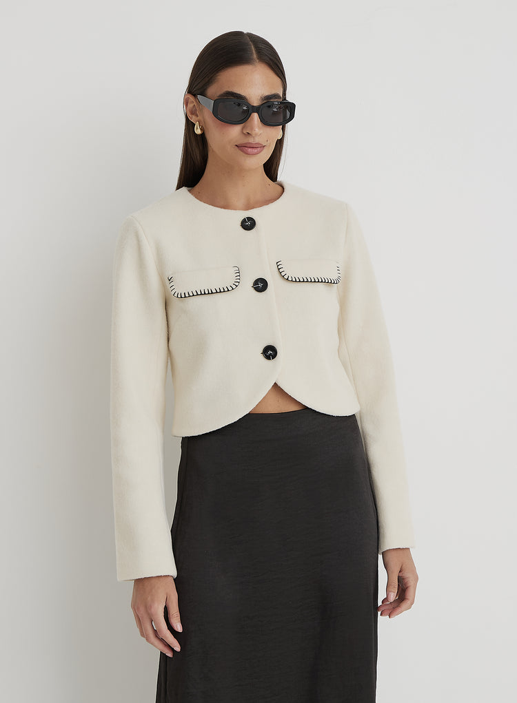 Cream Wool Contrast Pocket Cropped Jacket- Mable