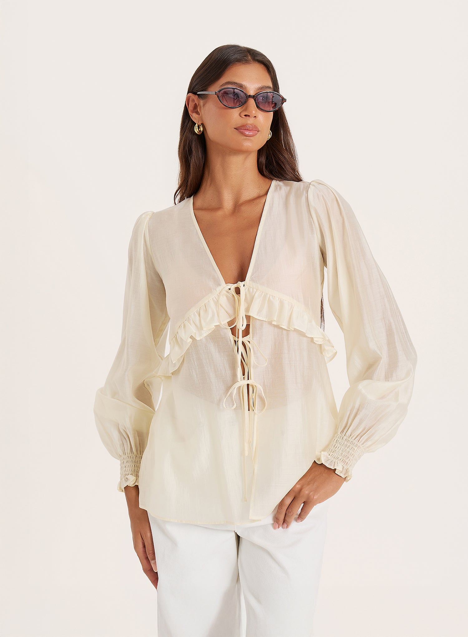Buttercream Sheer Tie Front Blouse