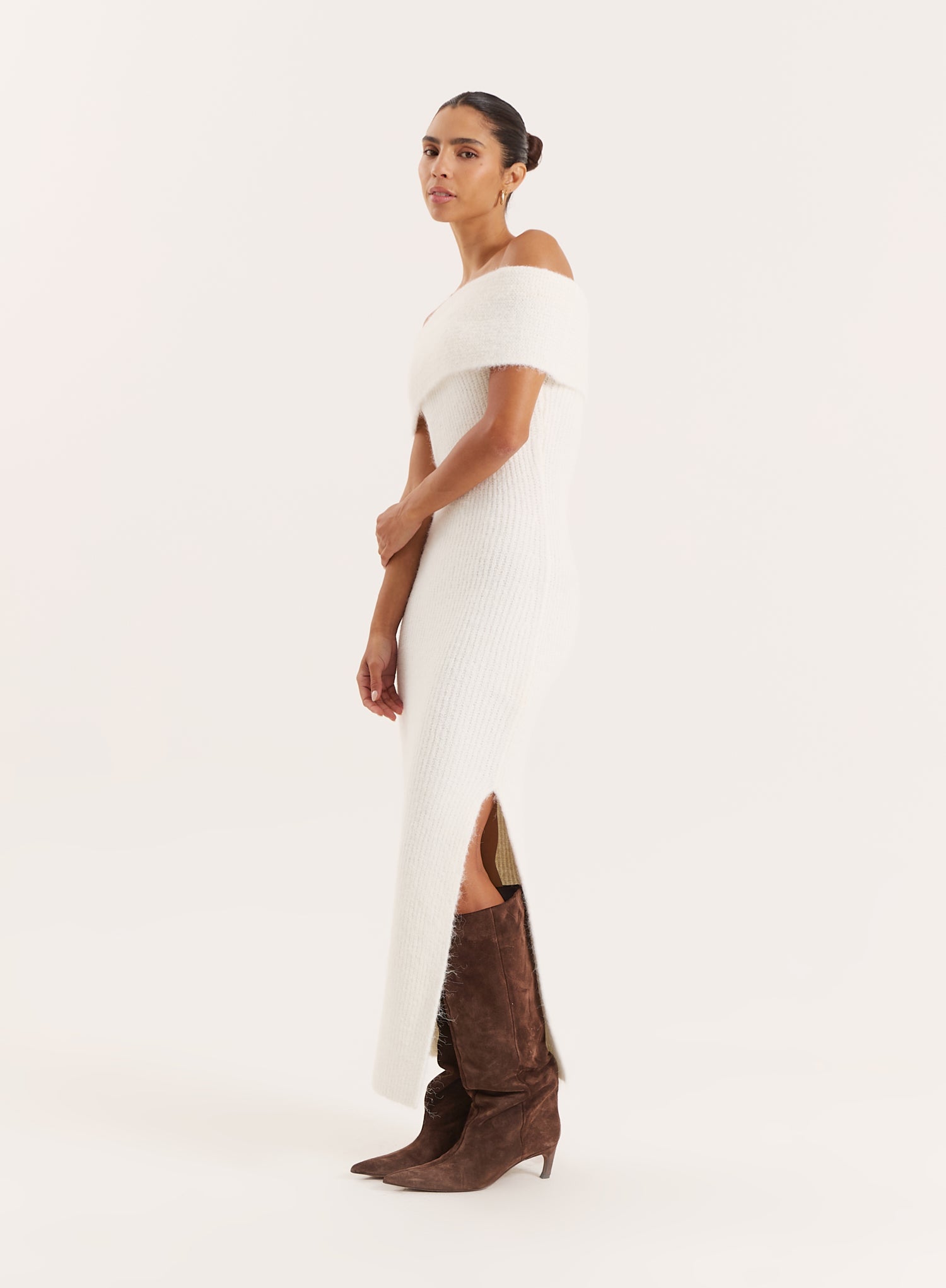 Cream Bardot Knitted Maxi Dress